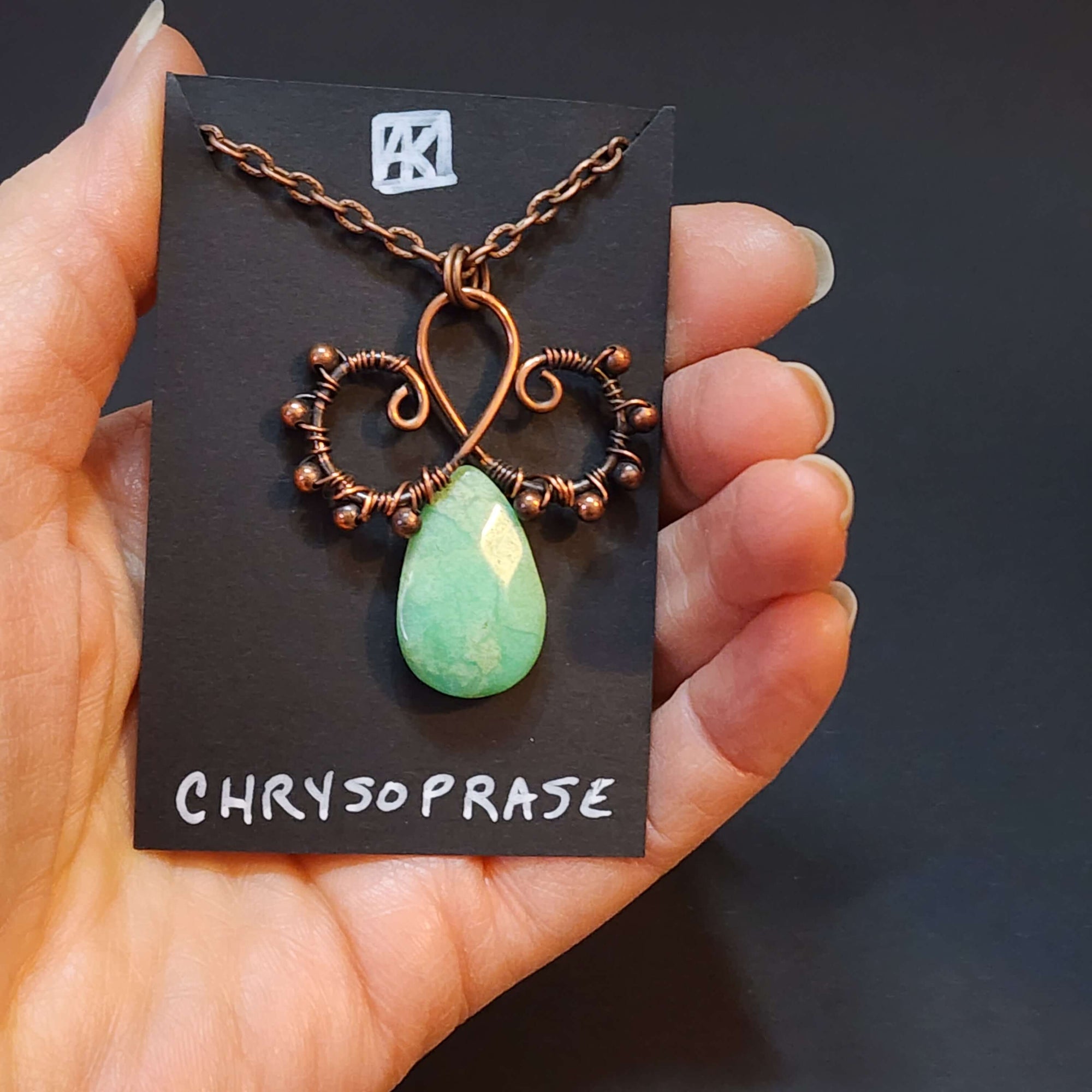 Green Chrysoprase Statement Necklace, Copper Wire Wrapped Pendant