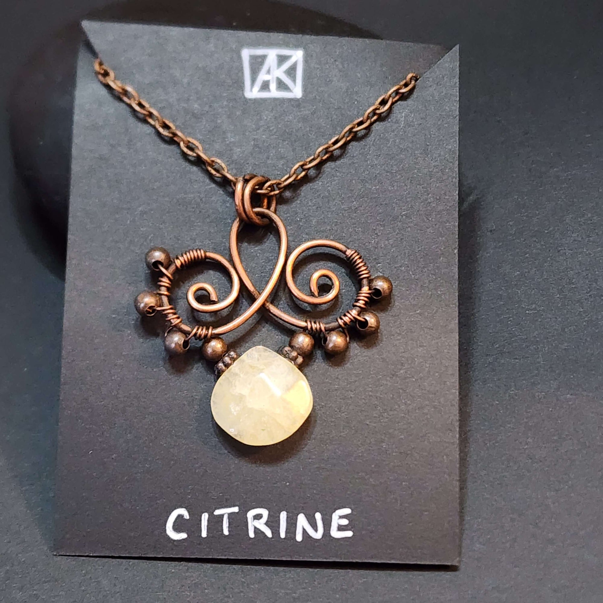 Citrine Statement Necklace, Copper Wire Wrapped Pendant