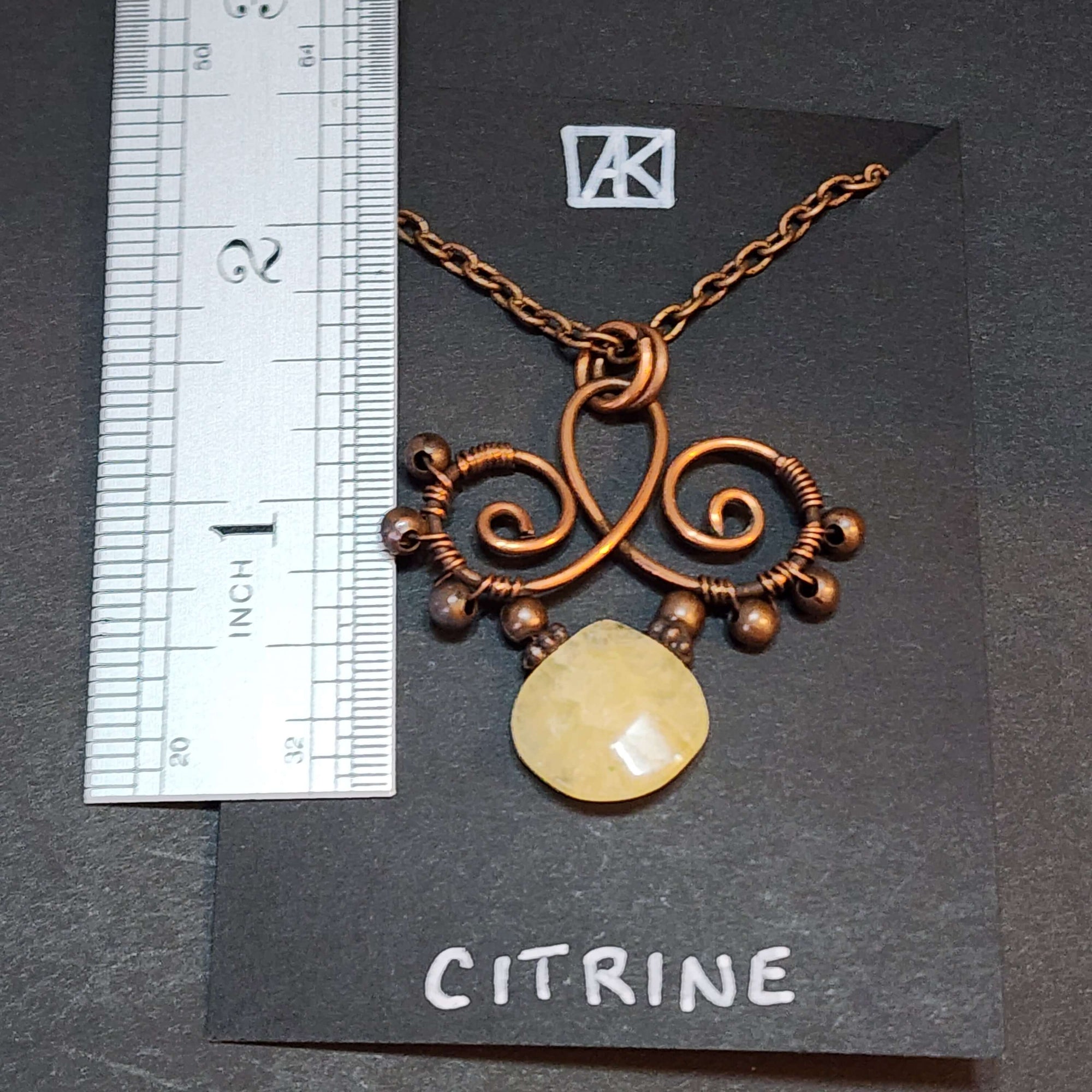 Citrine Statement Necklace, Copper Wire Wrapped Pendant