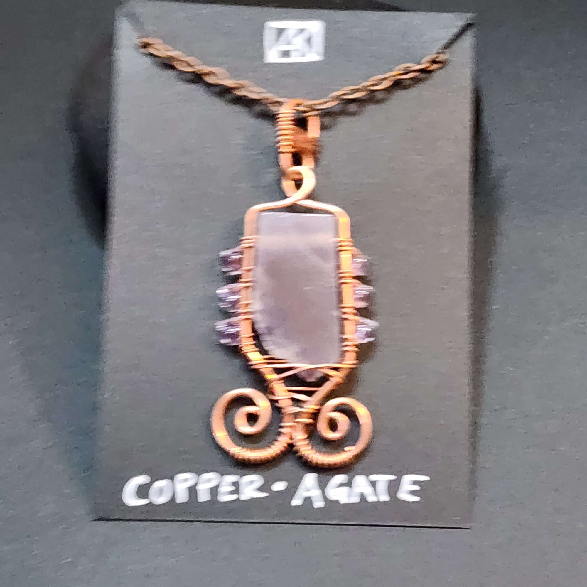 Mauve Agate Statement Necklace, Copper Wire Wrapped Pendant