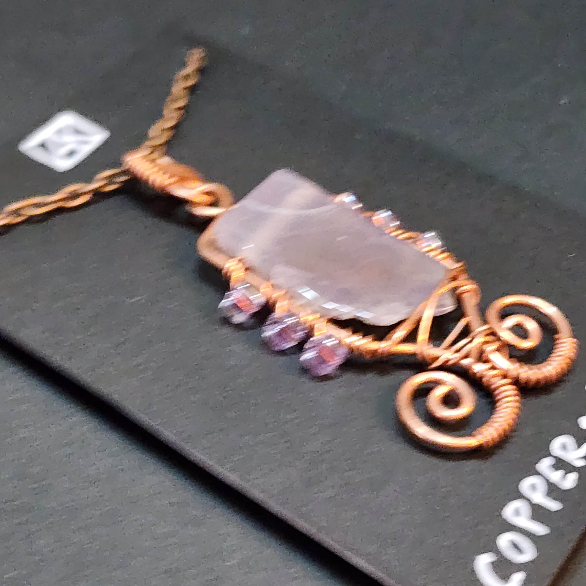 Mauve Agate Statement Necklace, Copper Wire Wrapped Pendant