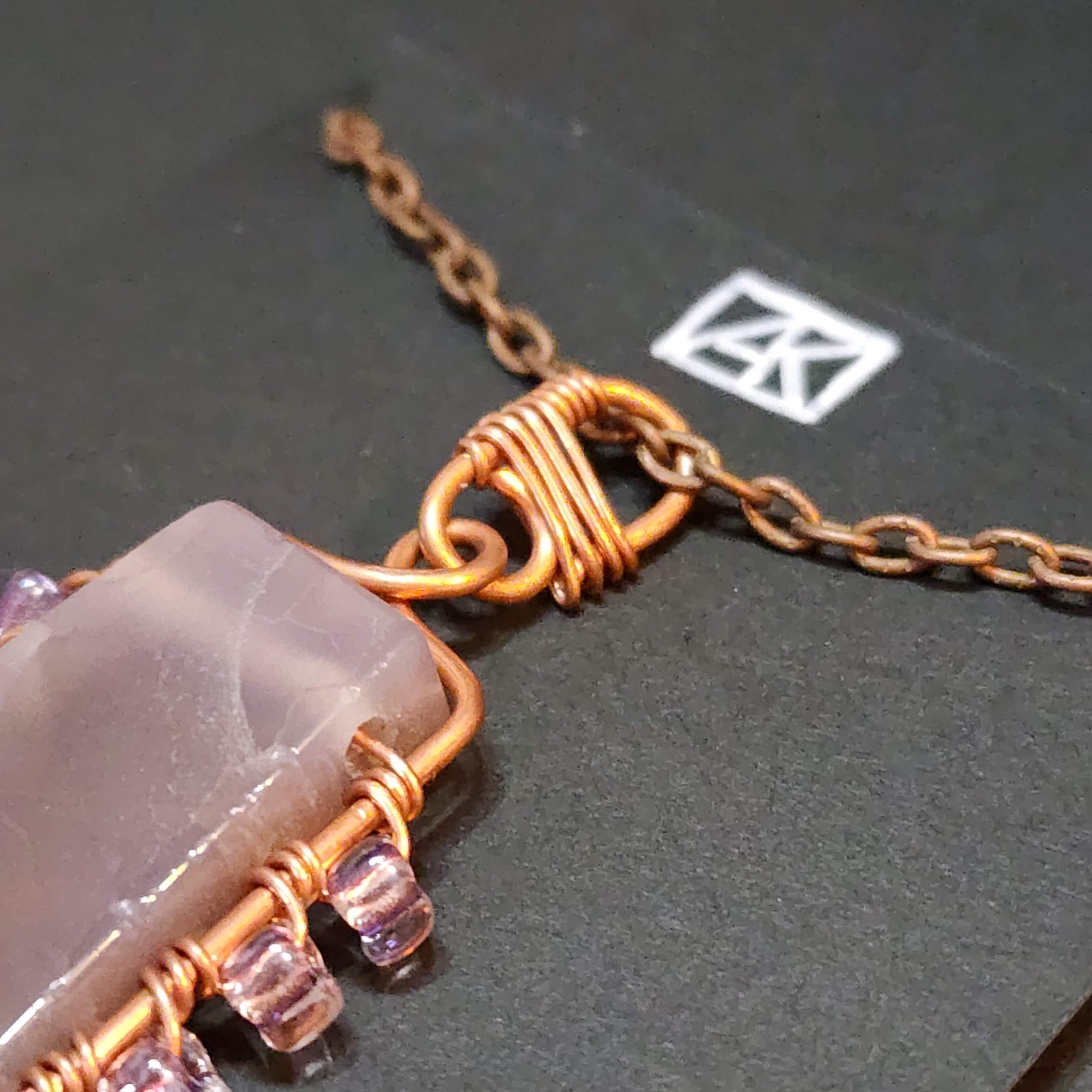 Mauve Agate Statement Necklace, Copper Wire Wrapped Pendant