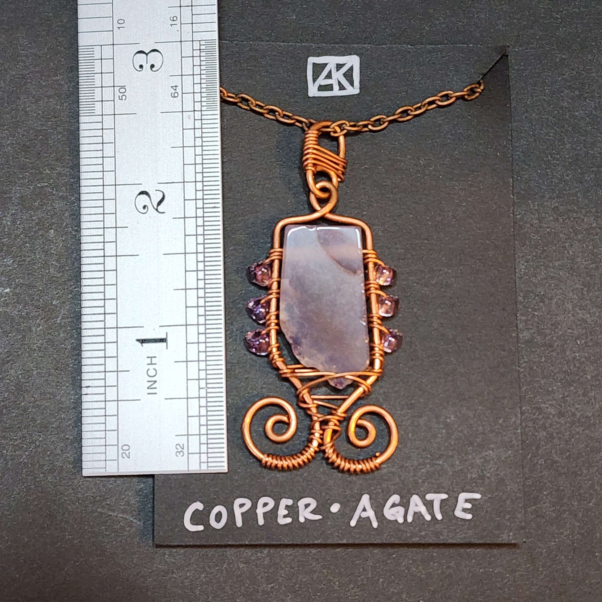 Mauve Agate Statement Necklace, Copper Wire Wrapped Pendant