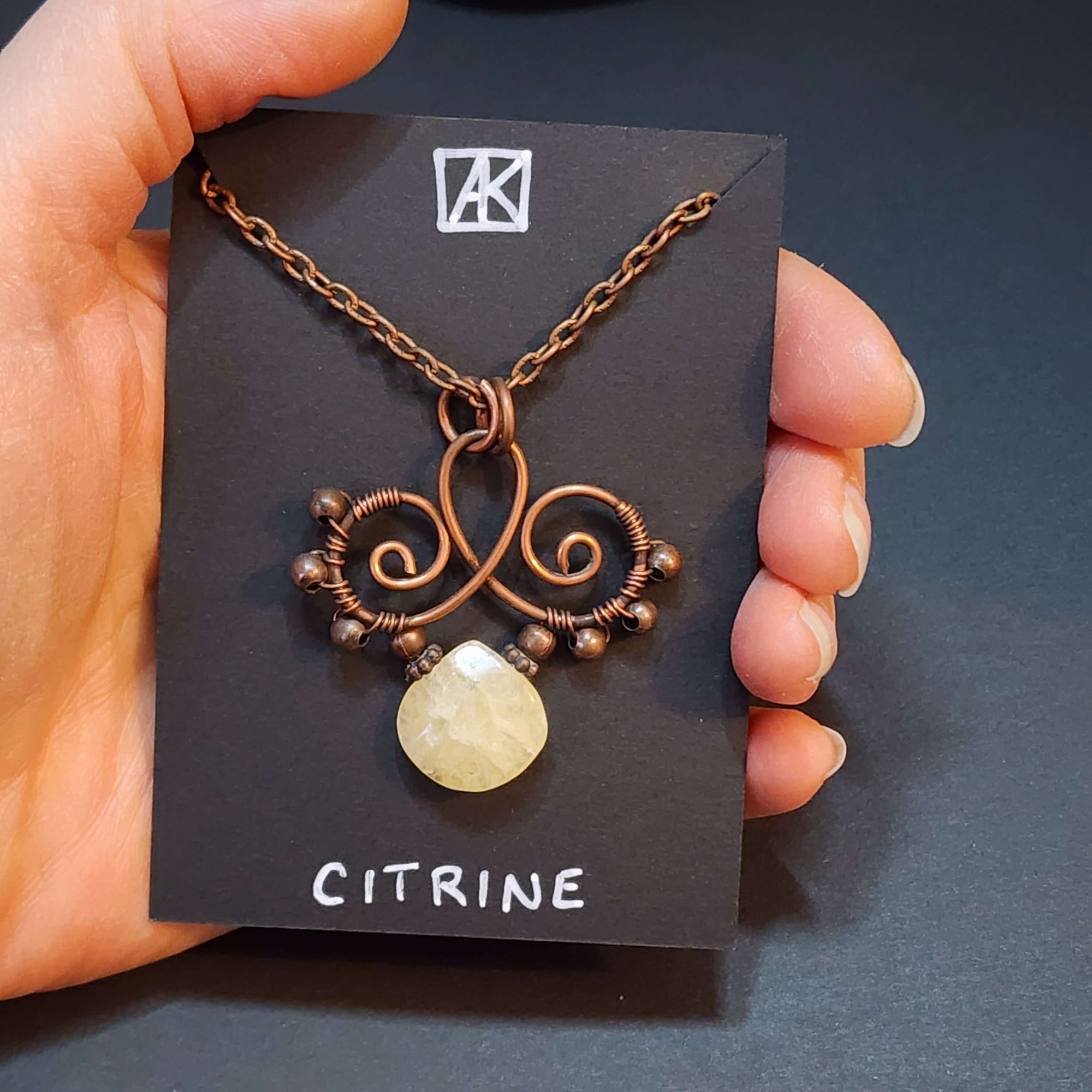 Citrine Statement Necklace, Copper Wire Wrapped Pendant