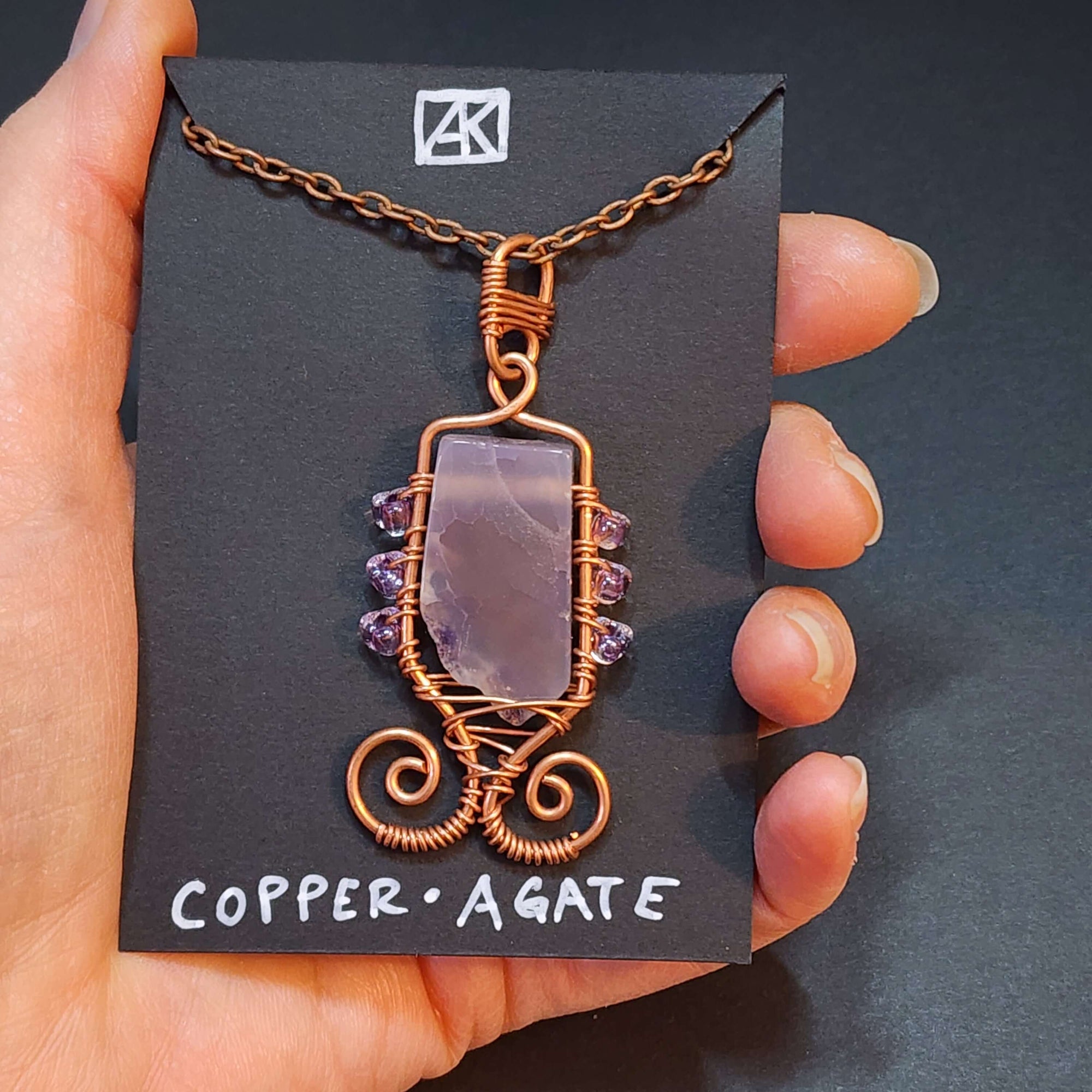 Mauve Agate Statement Necklace, Copper Wire Wrapped Pendant