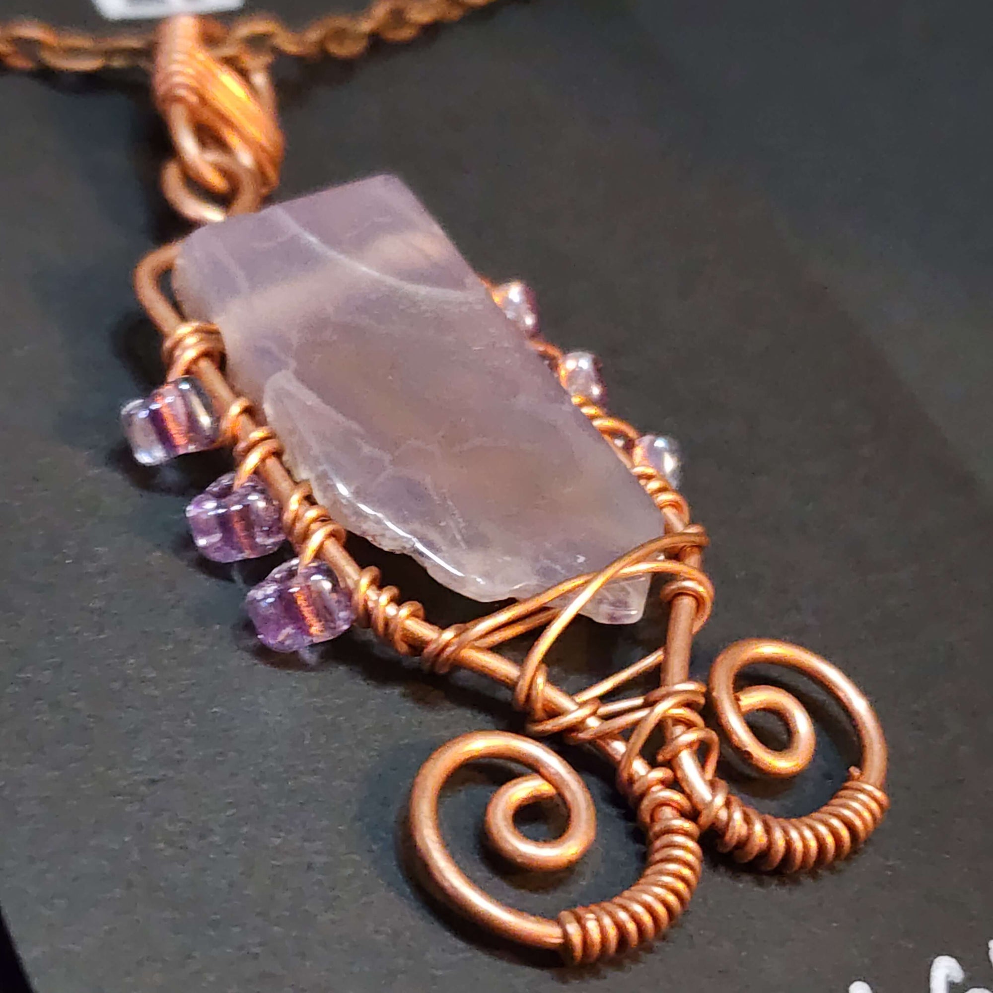Mauve Agate Statement Necklace, Copper Wire Wrapped Pendant