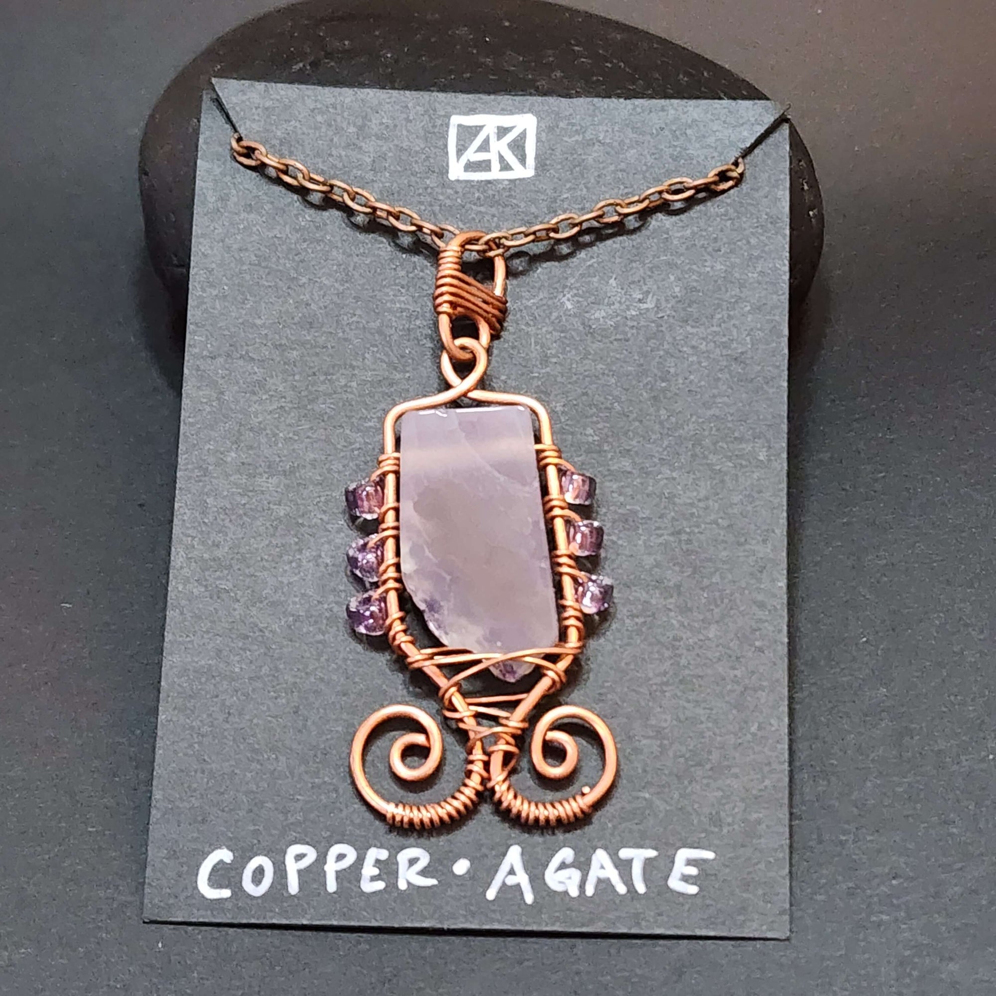 Mauve Agate Statement Necklace, Copper Wire Wrapped Pendant