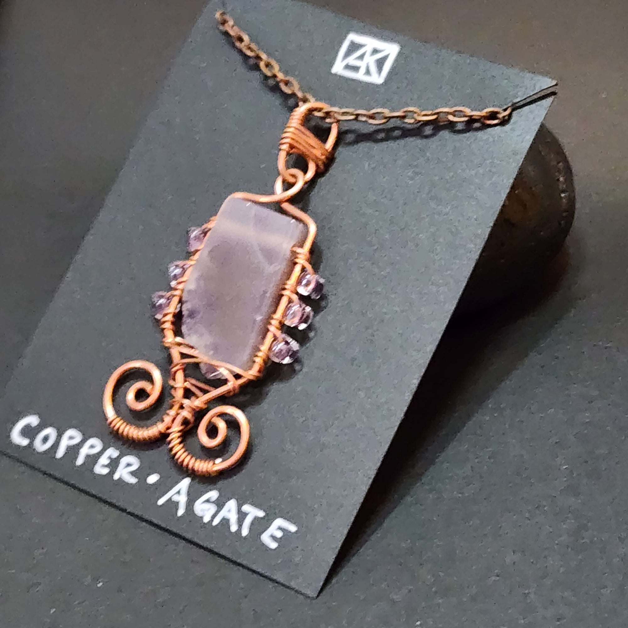 Mauve Agate Statement Necklace, Copper Wire Wrapped Pendant