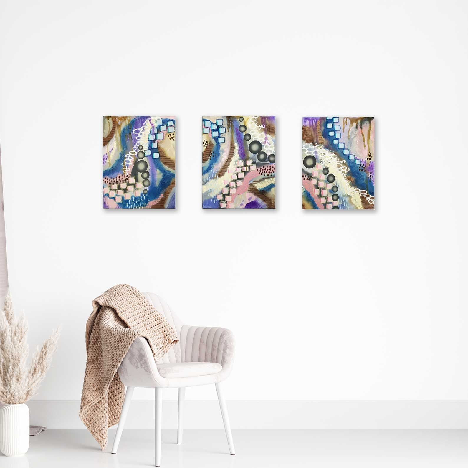 "Belly Dance" Blue Abstract Intuitive Art (3 Piece Set) 11x14 ea
