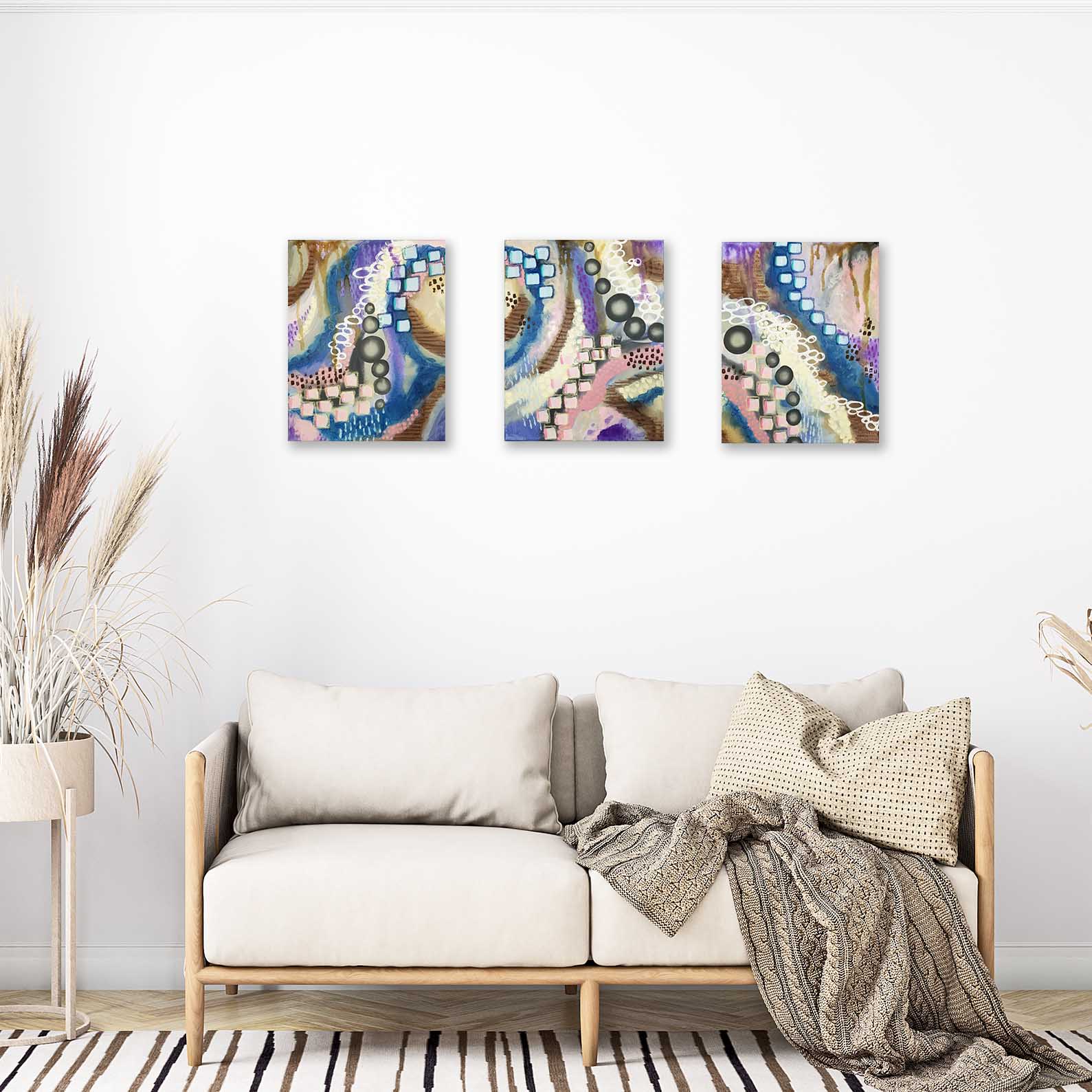 "Belly Dance" Blue Abstract Intuitive Art (3 Piece Set) 11x14 ea