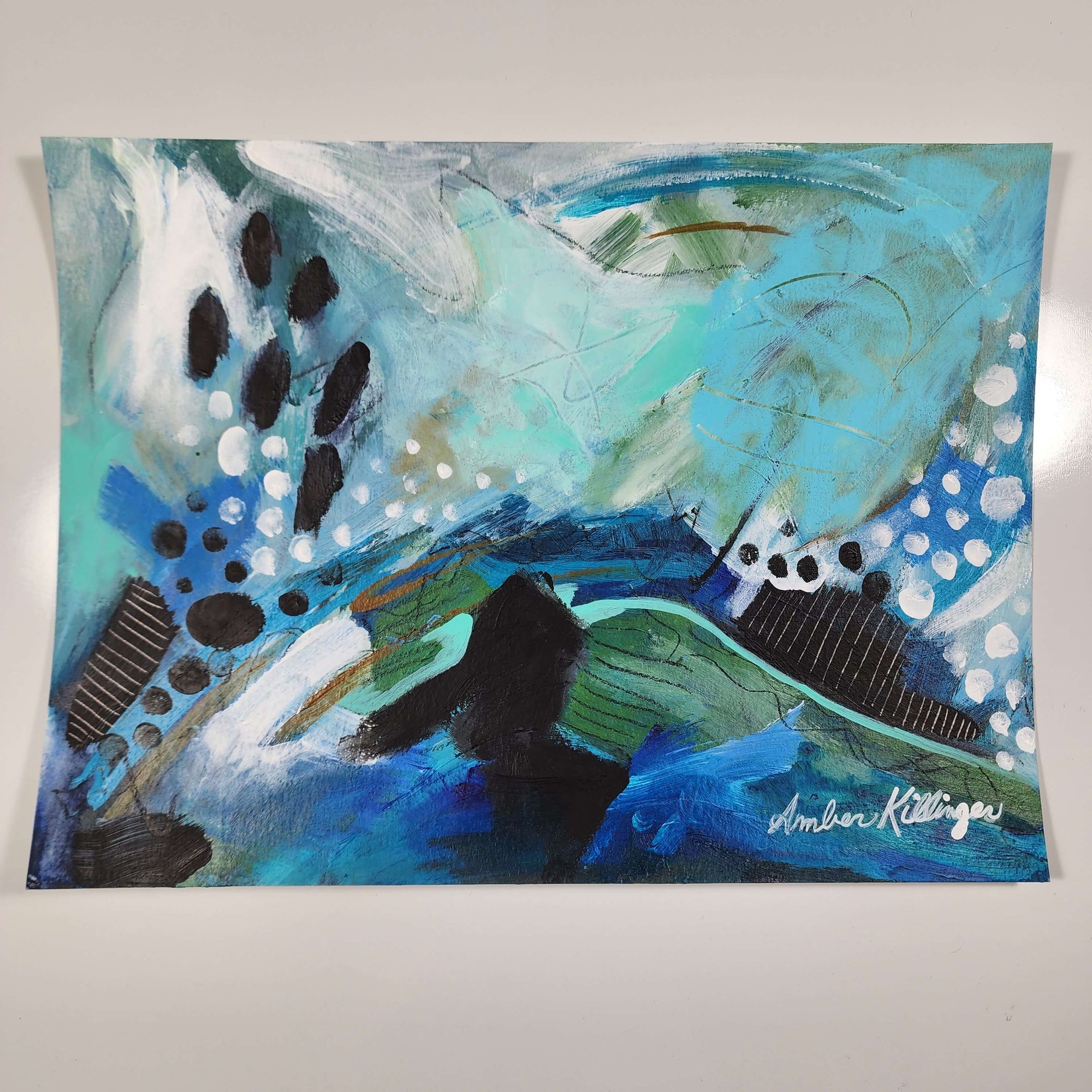 blue abstract painting, original art by Amber Killinger, painting on paper 9x12 inches