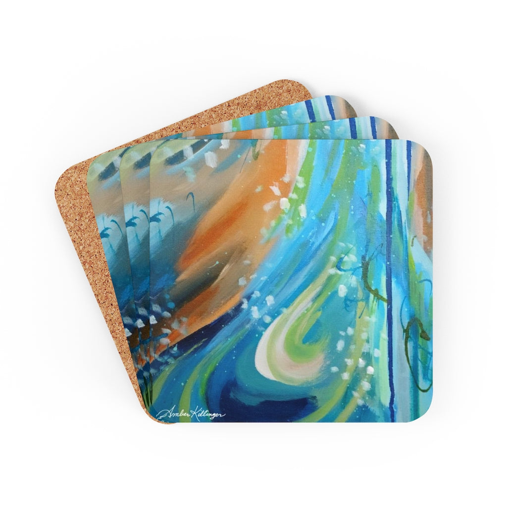 Blue and Orange Corkwood Coaster Set - Flame the Fire
