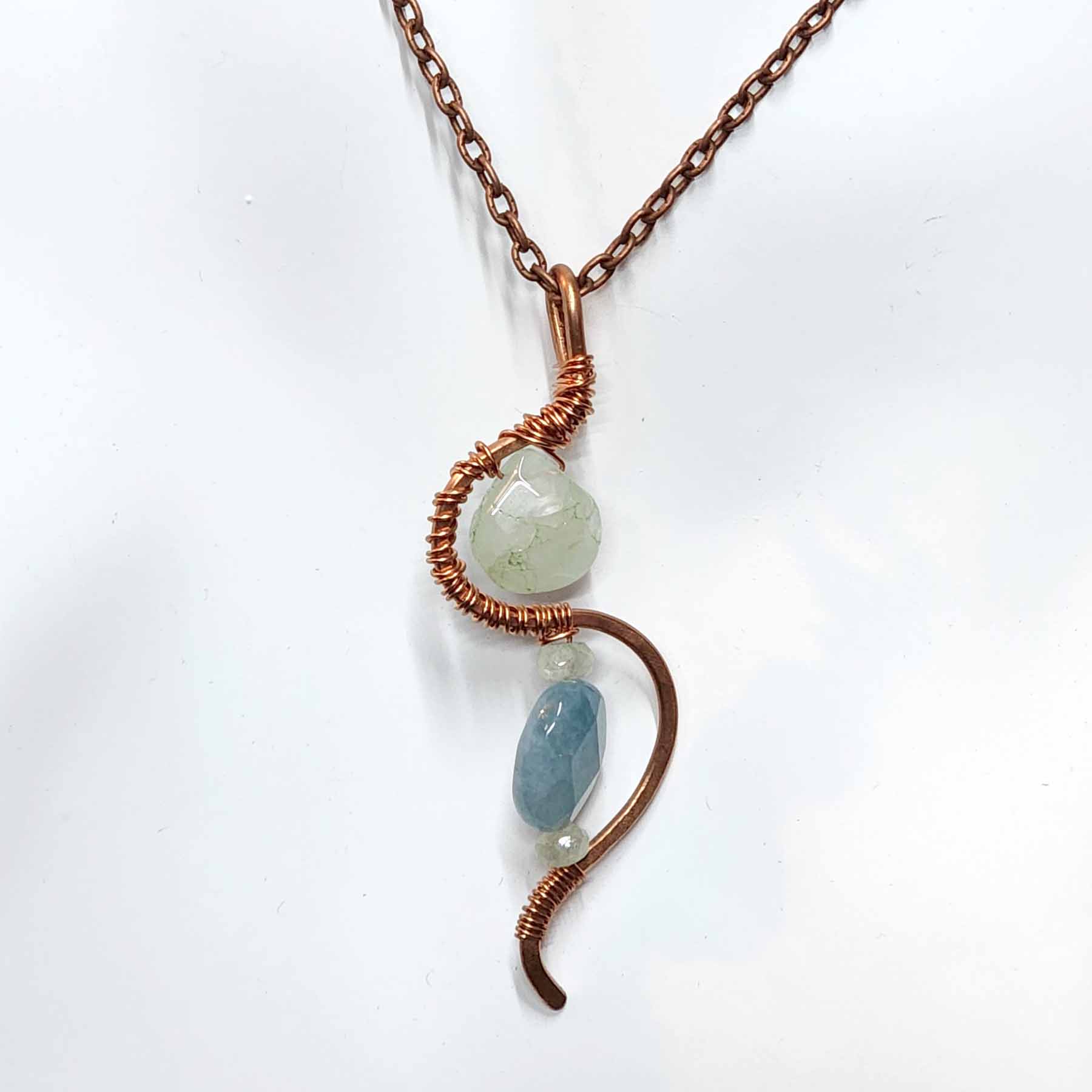 Handmade Amazonite & Aquamarine Copper Wire Wrapped Pendant Necklace WW1238