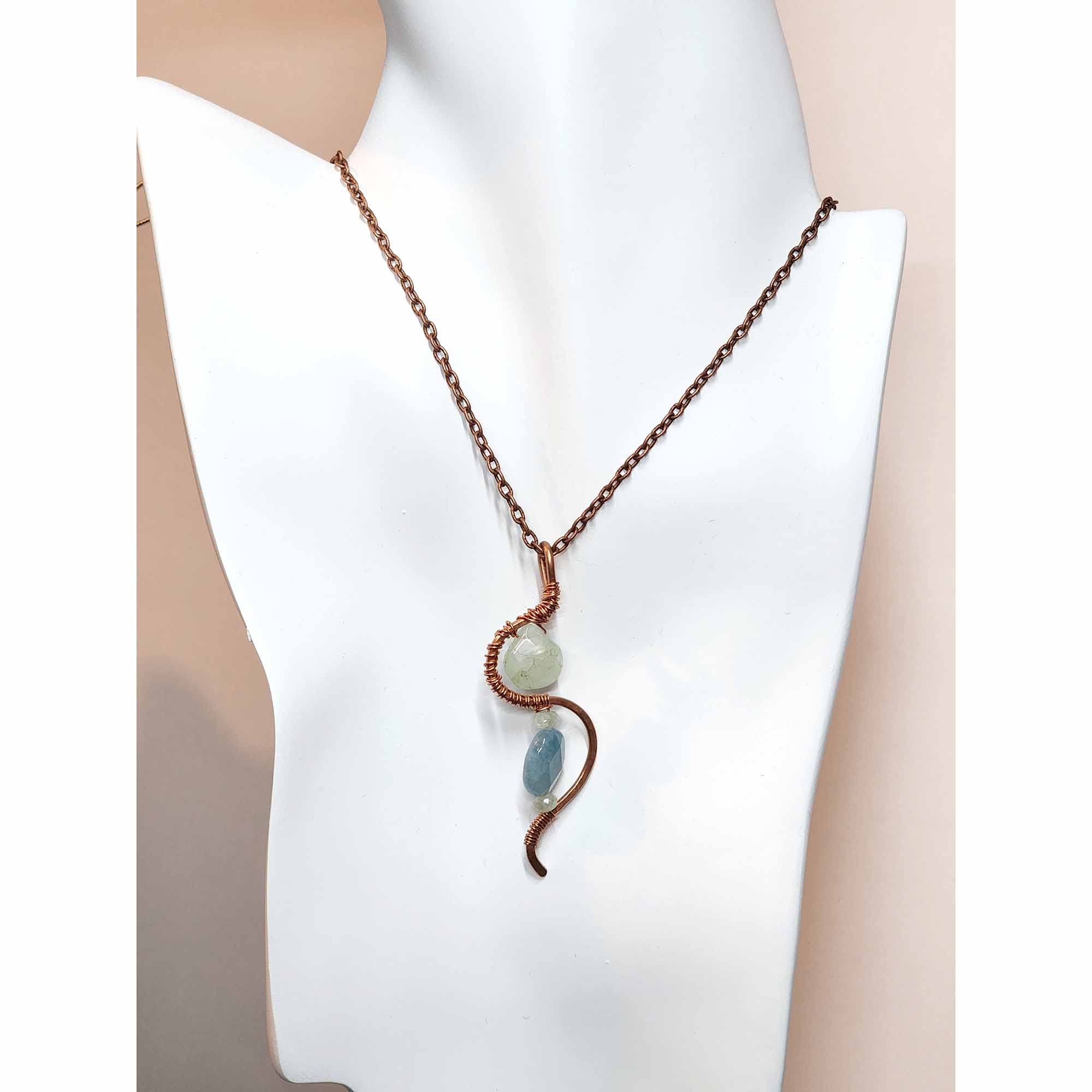 Handmade Amazonite & Aquamarine Copper Wire Wrapped Pendant Necklace WW1238
