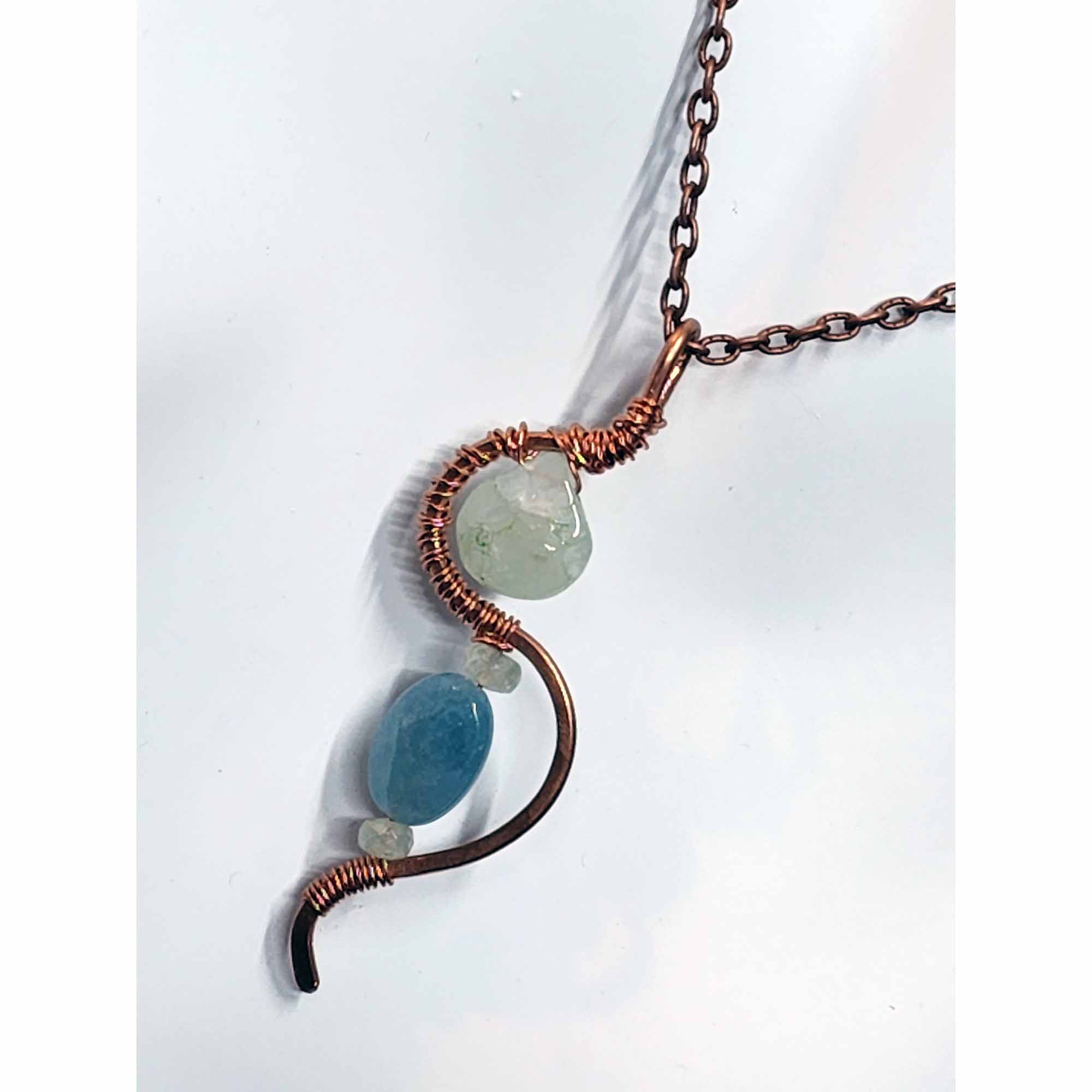 Handmade Amazonite & Aquamarine Copper Wire Wrapped Pendant Necklace WW1238
