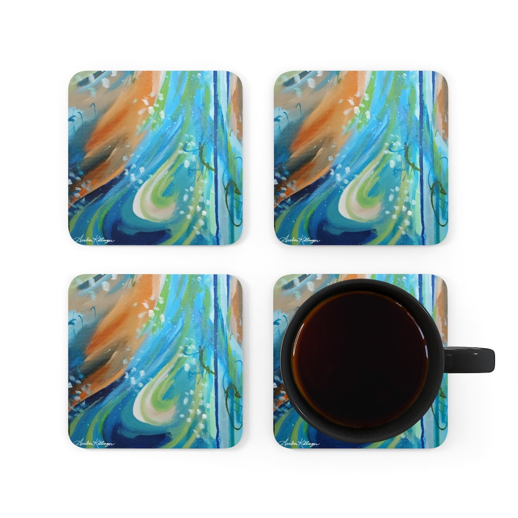 Blue and Orange Corkwood Coaster Set - Flame the Fire