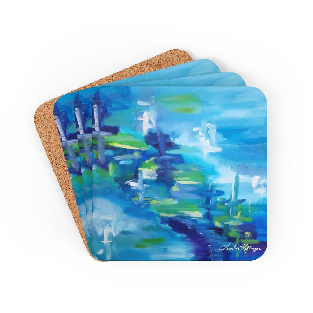 Blue Corkwood Coaster Set - A Peaceful Stroll