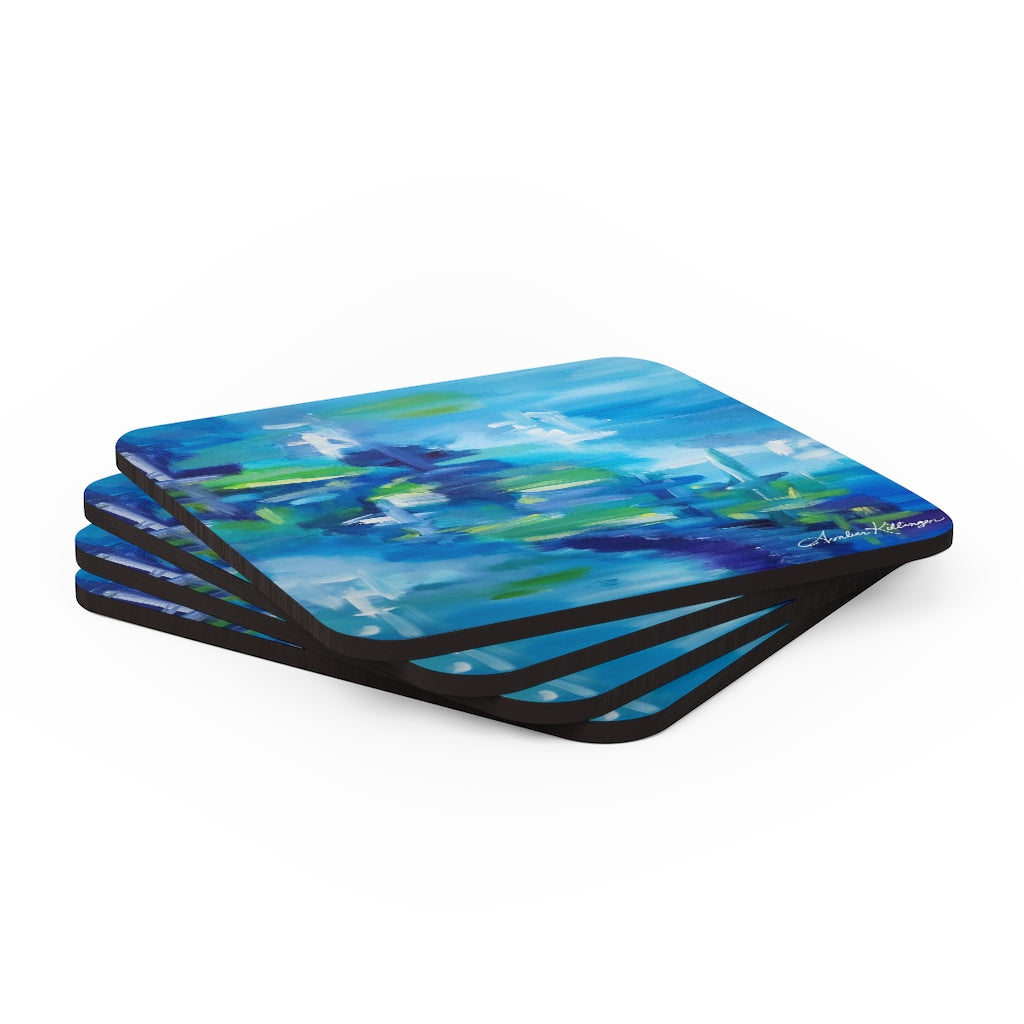 Blue Corkwood Coaster Set - A Peaceful Stroll