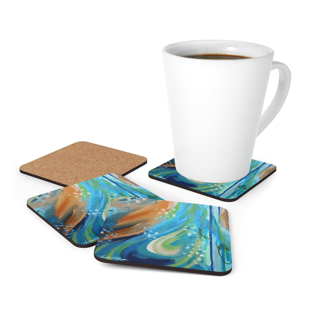 Blue and Orange Corkwood Coaster Set - Flame the Fire