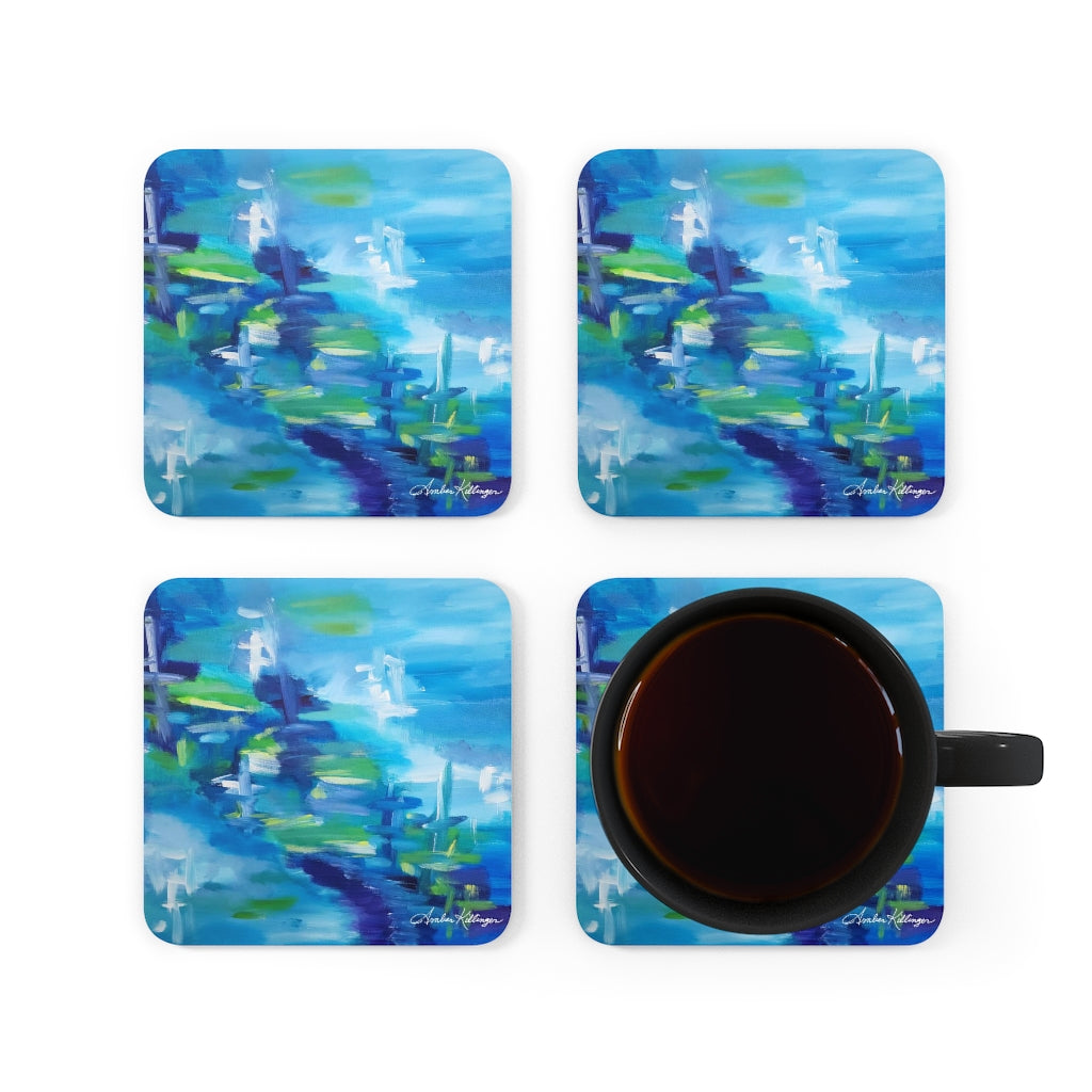 Blue Corkwood Coaster Set - A Peaceful Stroll