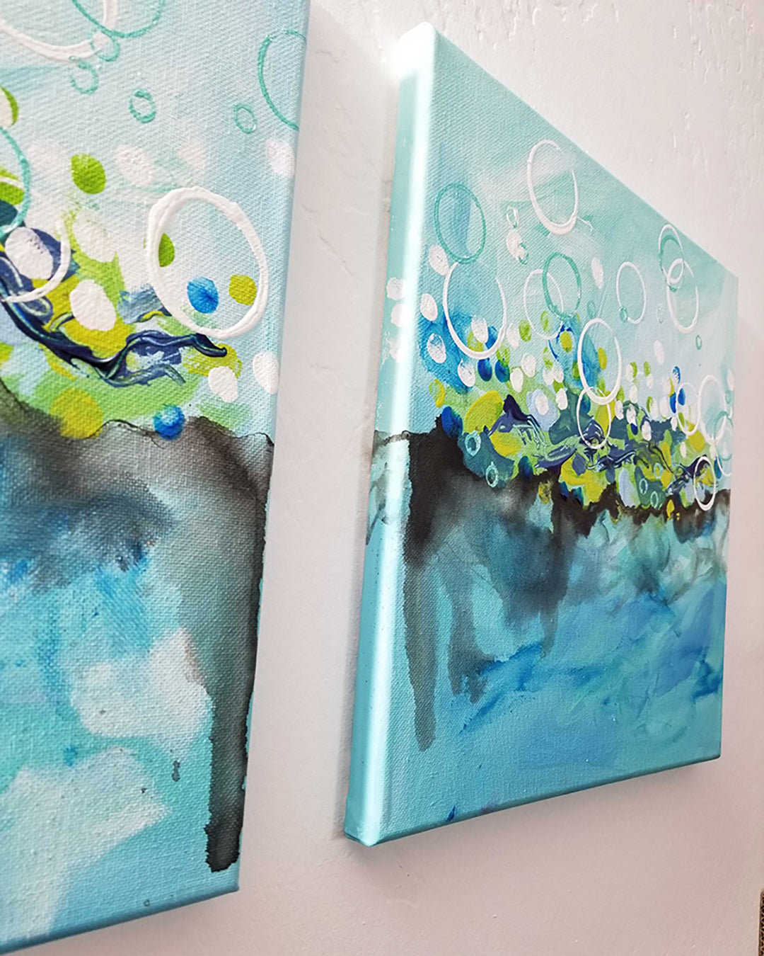 "I Choose Bubbles" Blue Abstract Intuitive Art Triptych (3 Piece Set) 12x12 ea