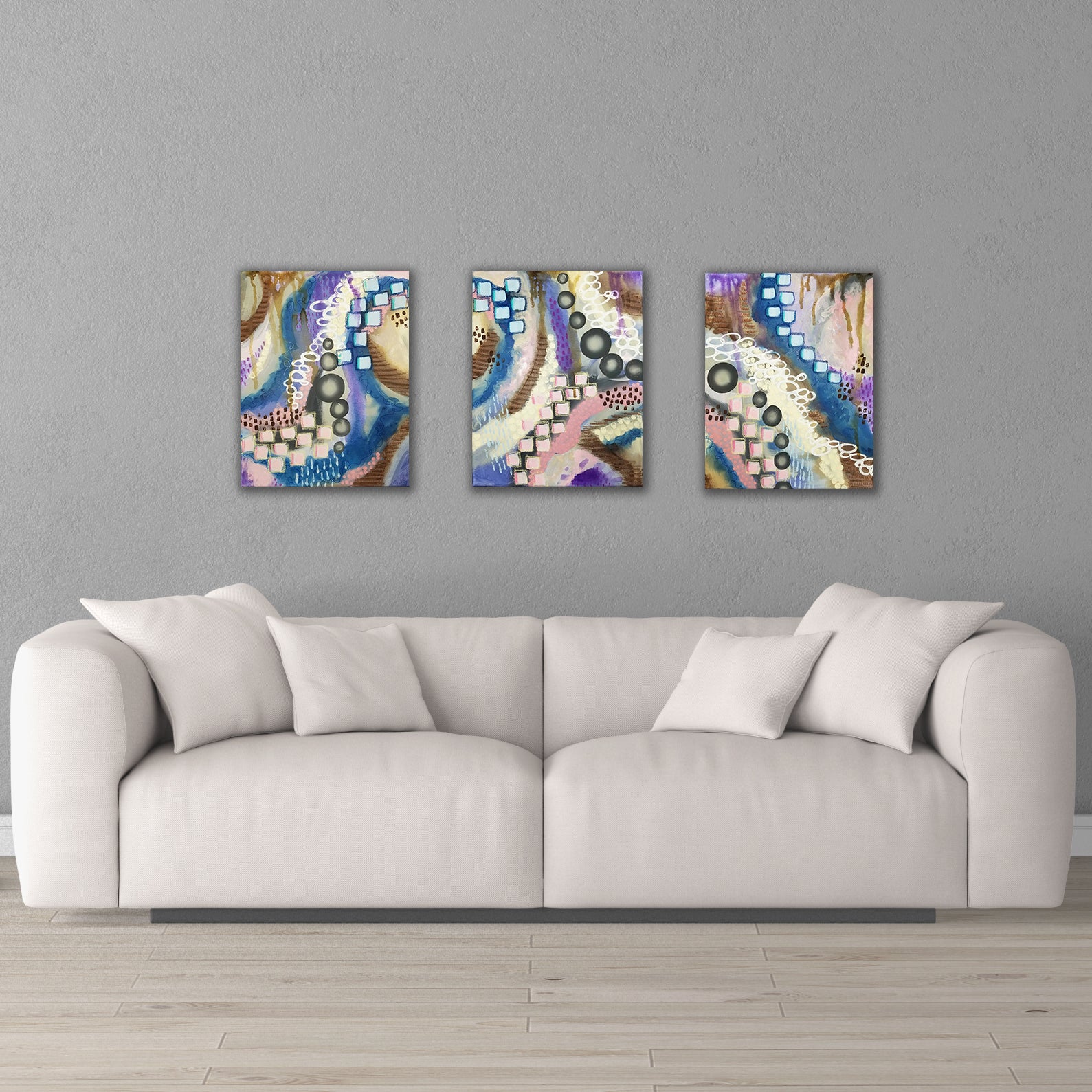 "Belly Dance" Blue Abstract Intuitive Art (3 Piece Set) 11x14 ea