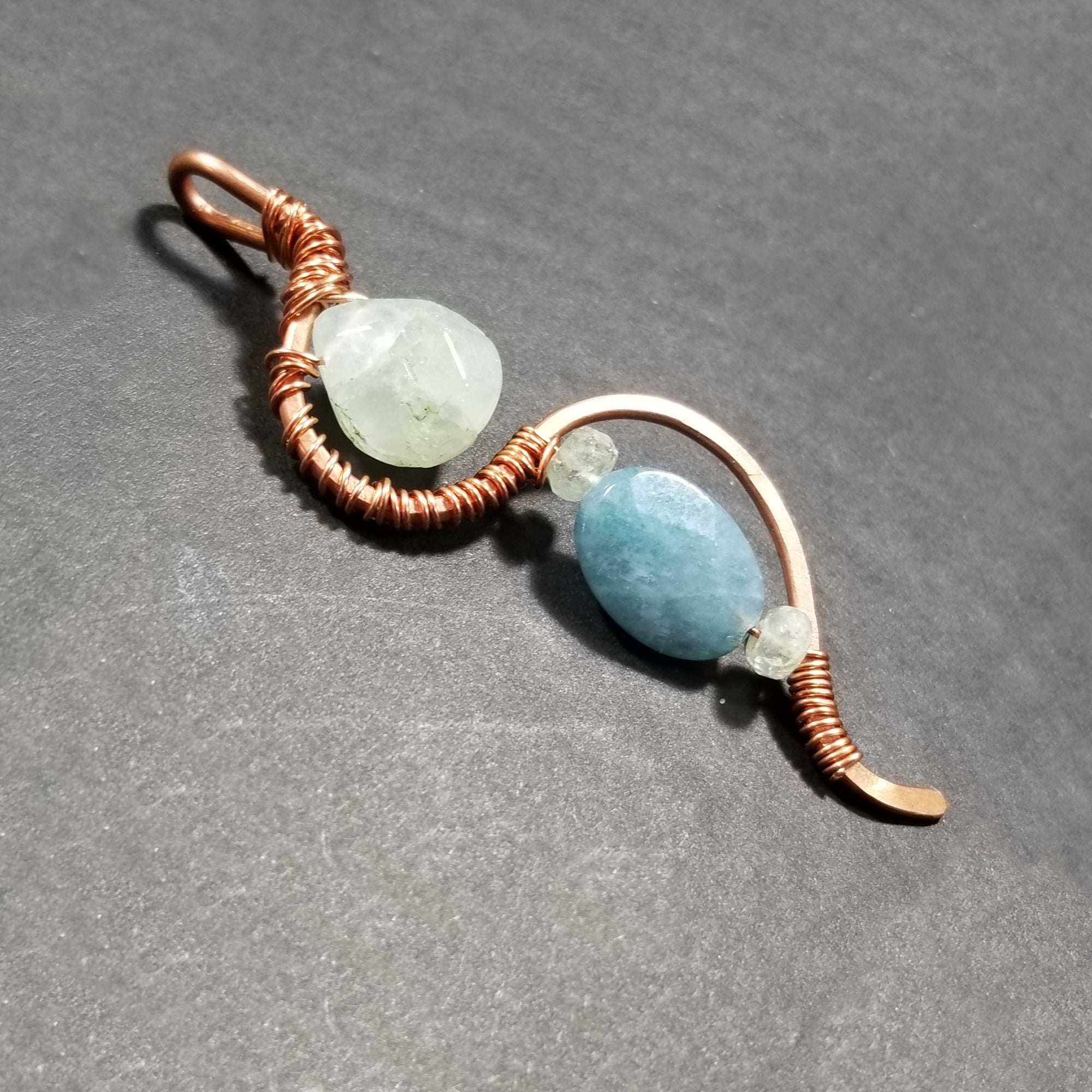 Handmade Amazonite & Aquamarine Copper Wire Wrapped Pendant Necklace WW1238