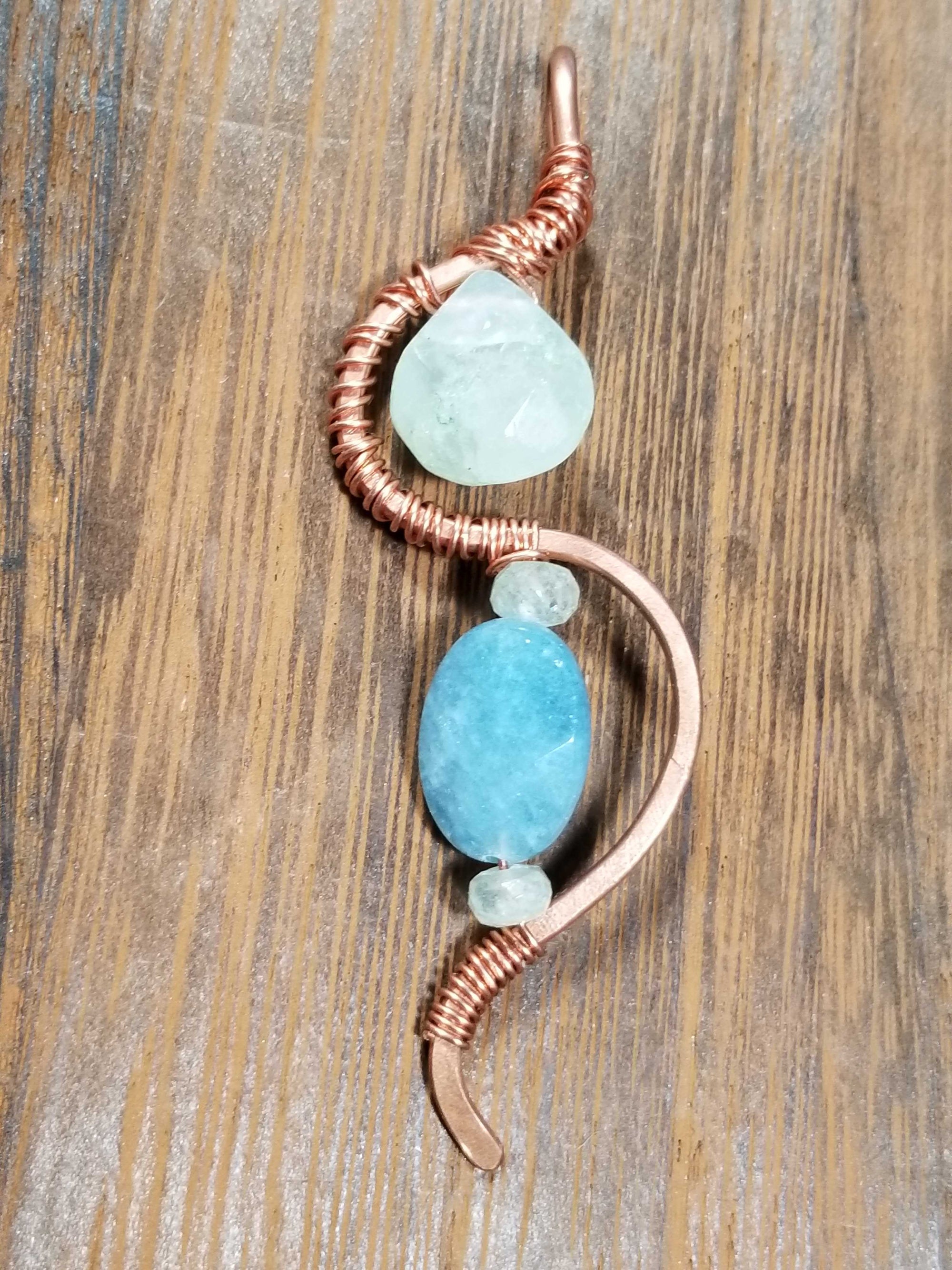 Handmade Amazonite & Aquamarine Copper Wire Wrapped Pendant Necklace WW1238