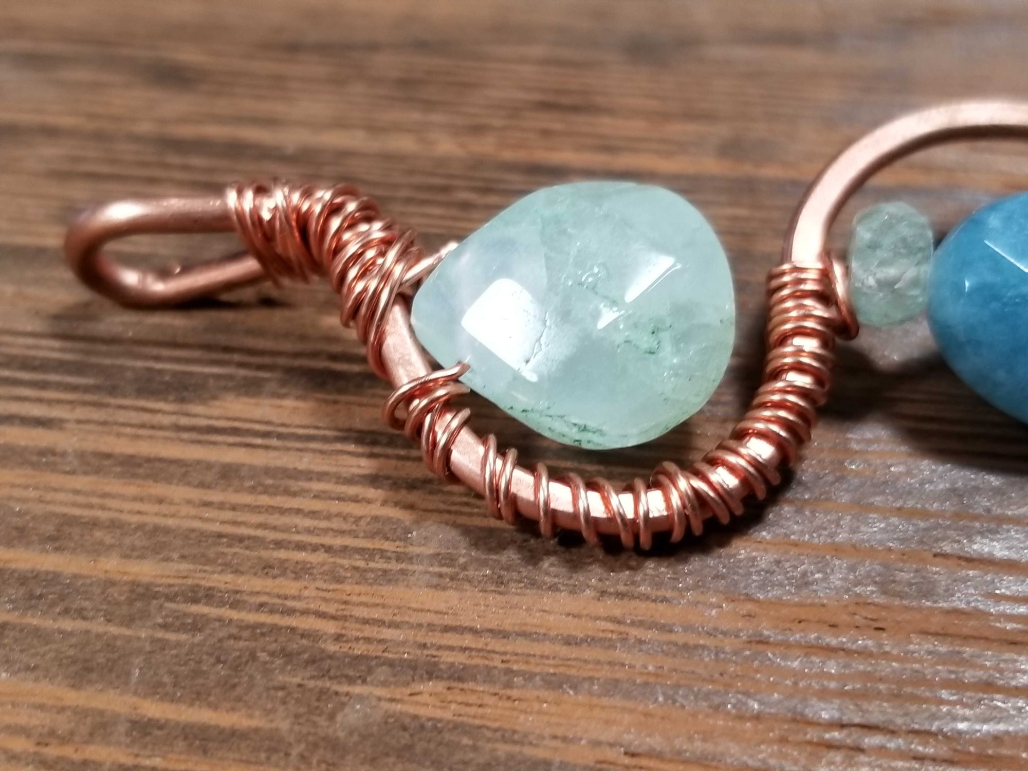 Handmade Amazonite & Aquamarine Copper Wire Wrapped Pendant Necklace WW1238