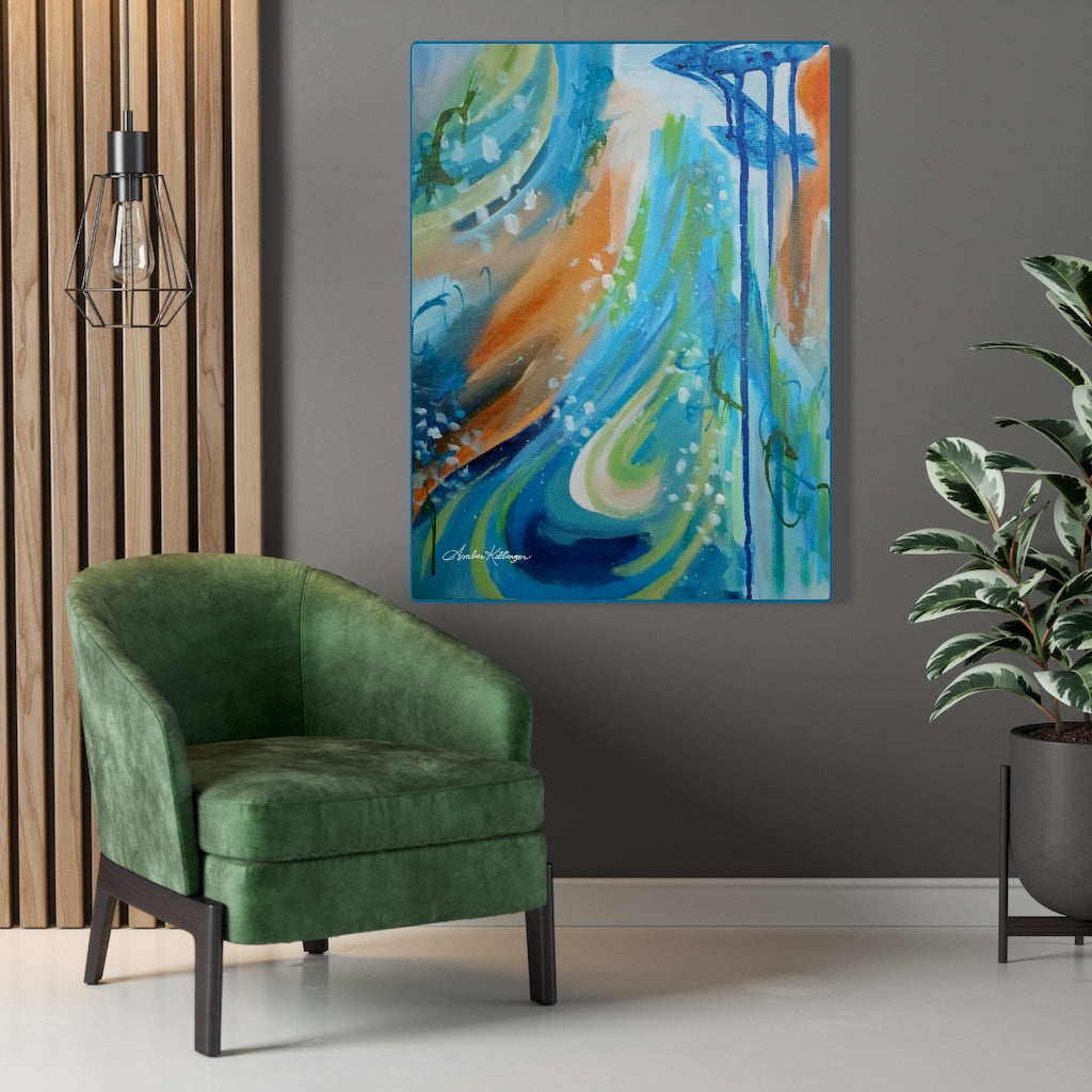 inspirational abstract art by Amber Killinger artist, blue green orange canvas wall art