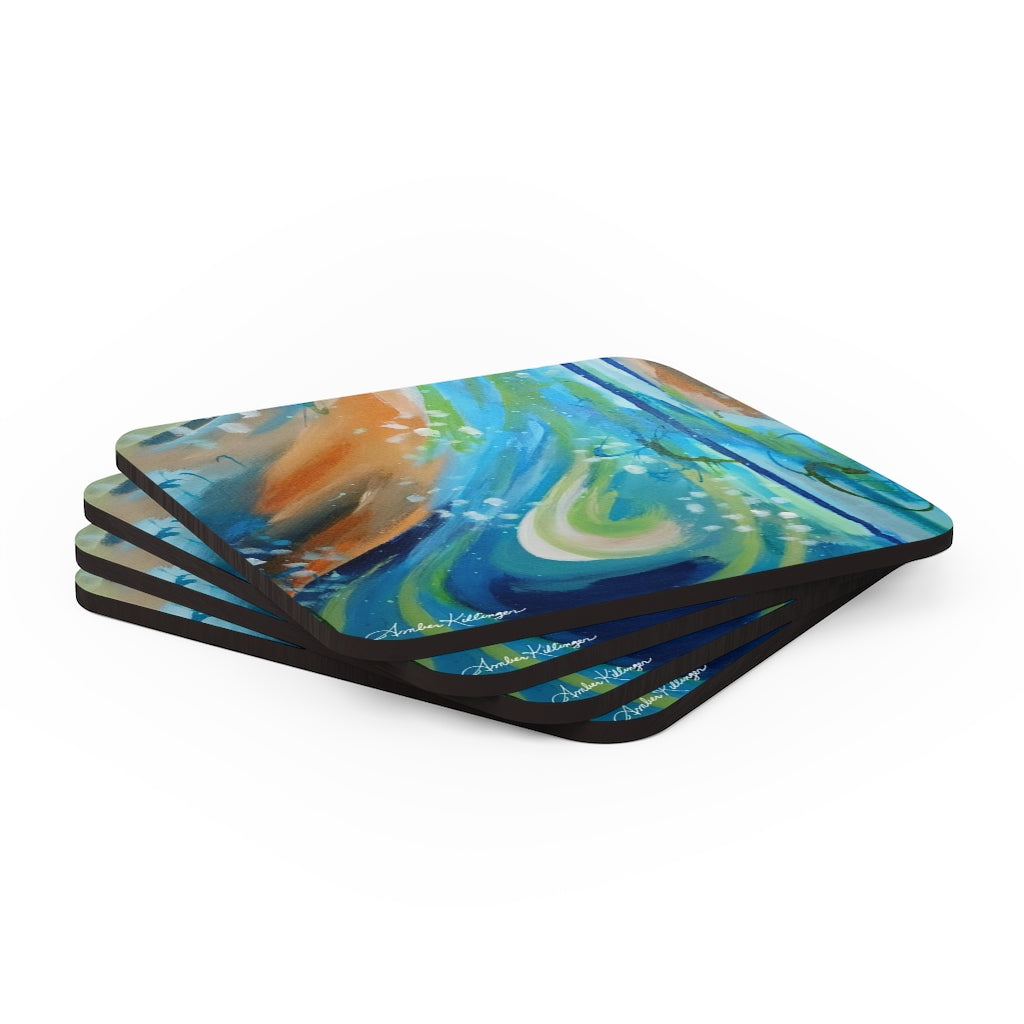 Blue and Orange Corkwood Coaster Set - Flame the Fire