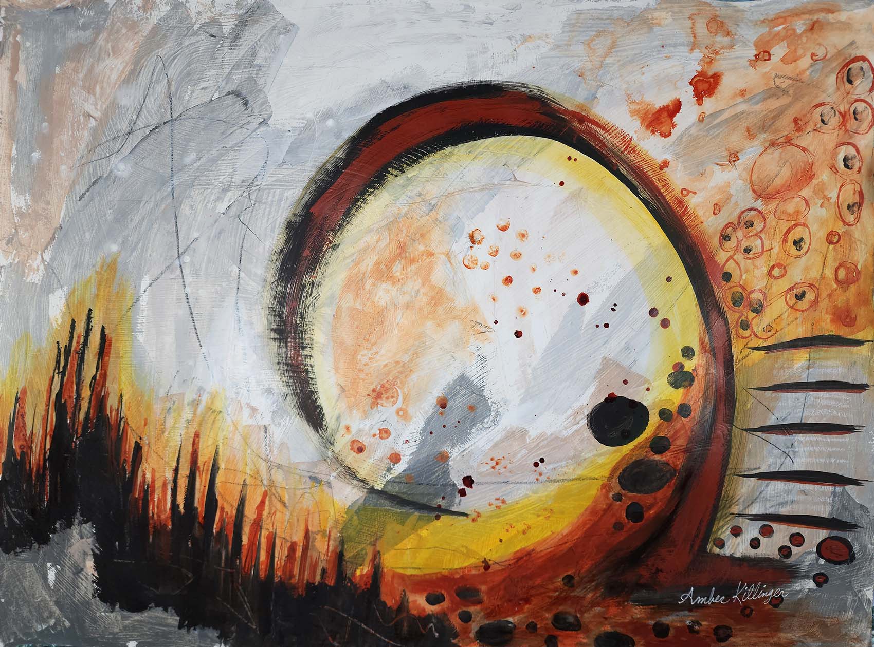Abstract painting on paper by Amber Killinger, industrial art, grunge rusty brown, gray and black