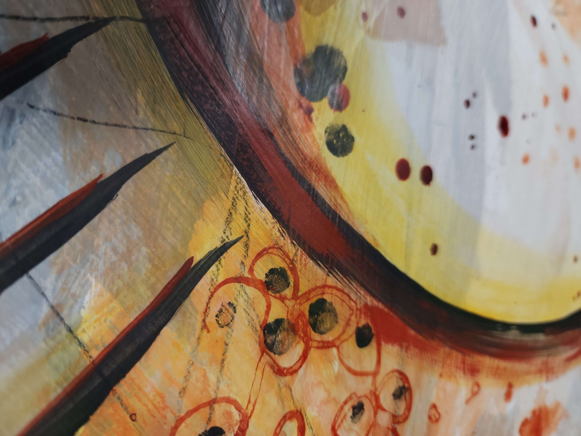 close-up detail of Abstract painting on paper by Amber Killinger, industrial art, grunge rusty brown, gray and black