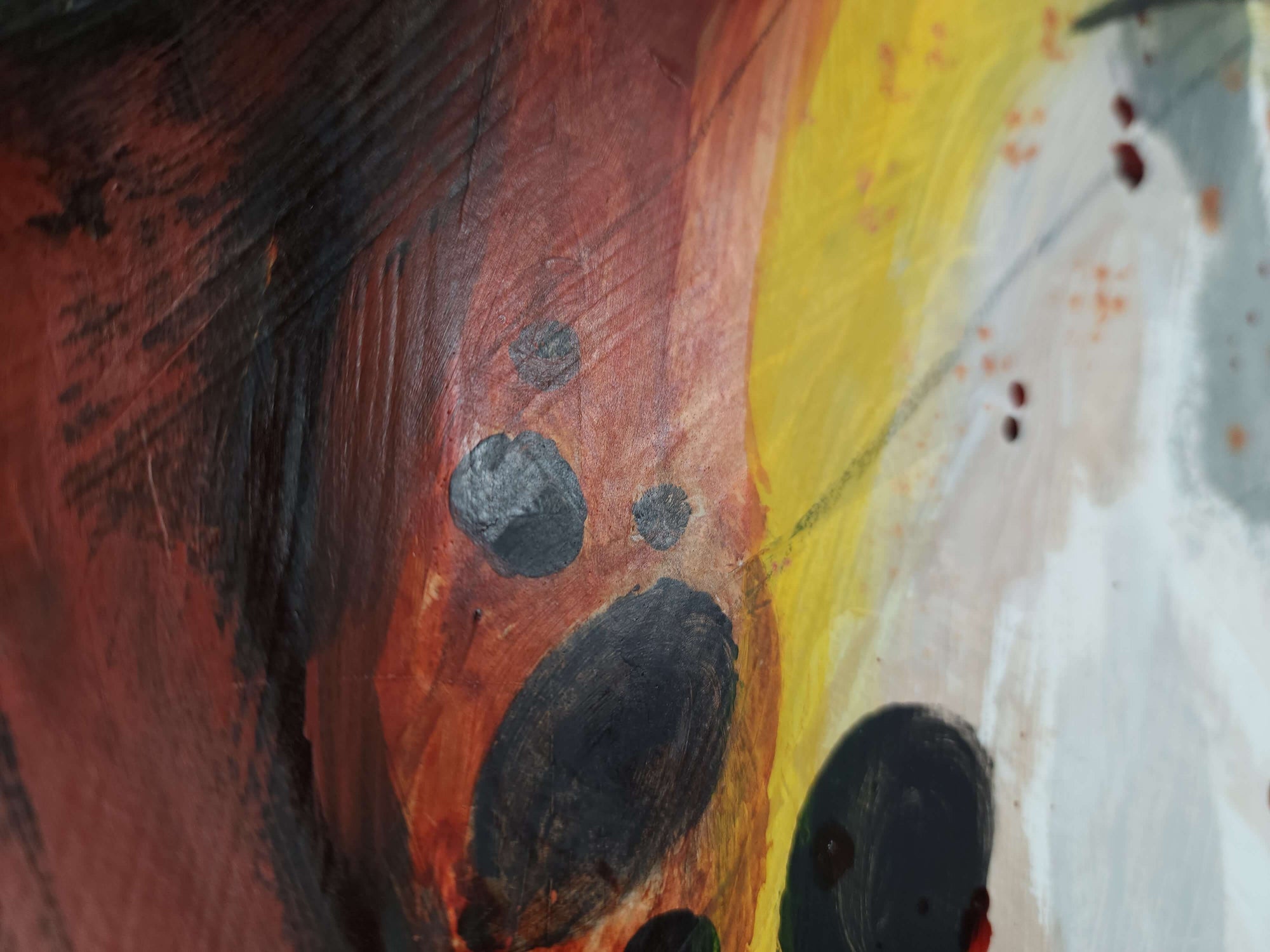 close-up detail of Abstract painting on paper by Amber Killinger, industrial art, grunge rusty brown, gray and black