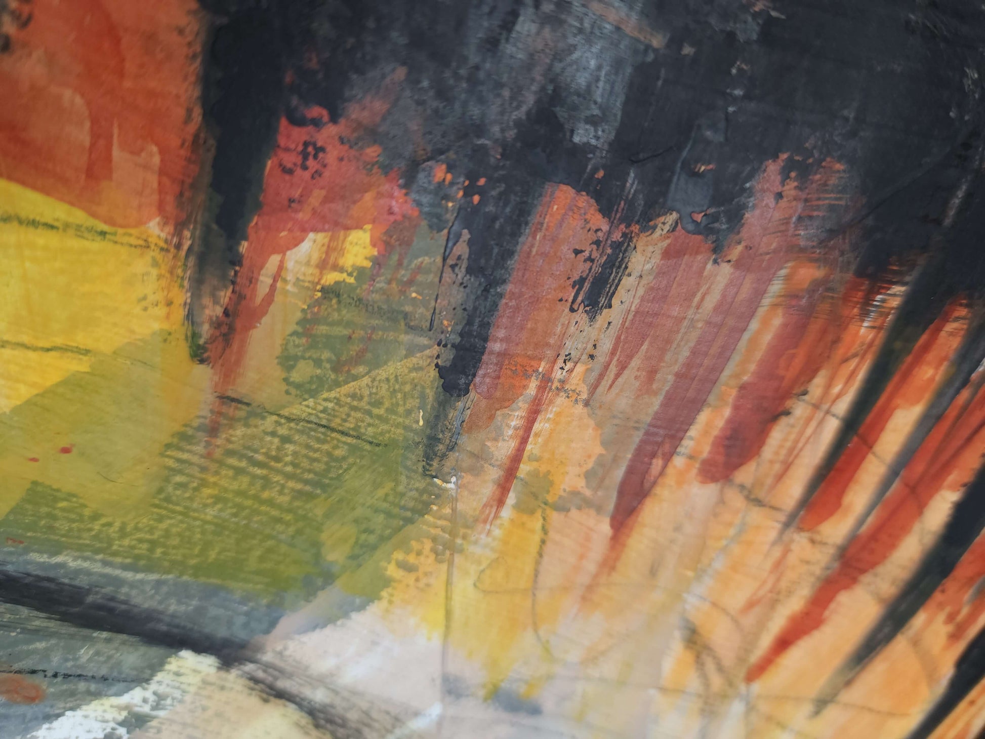 close-up detail of Abstract painting on paper by Amber Killinger, industrial art, grunge rusty brown, gray and black