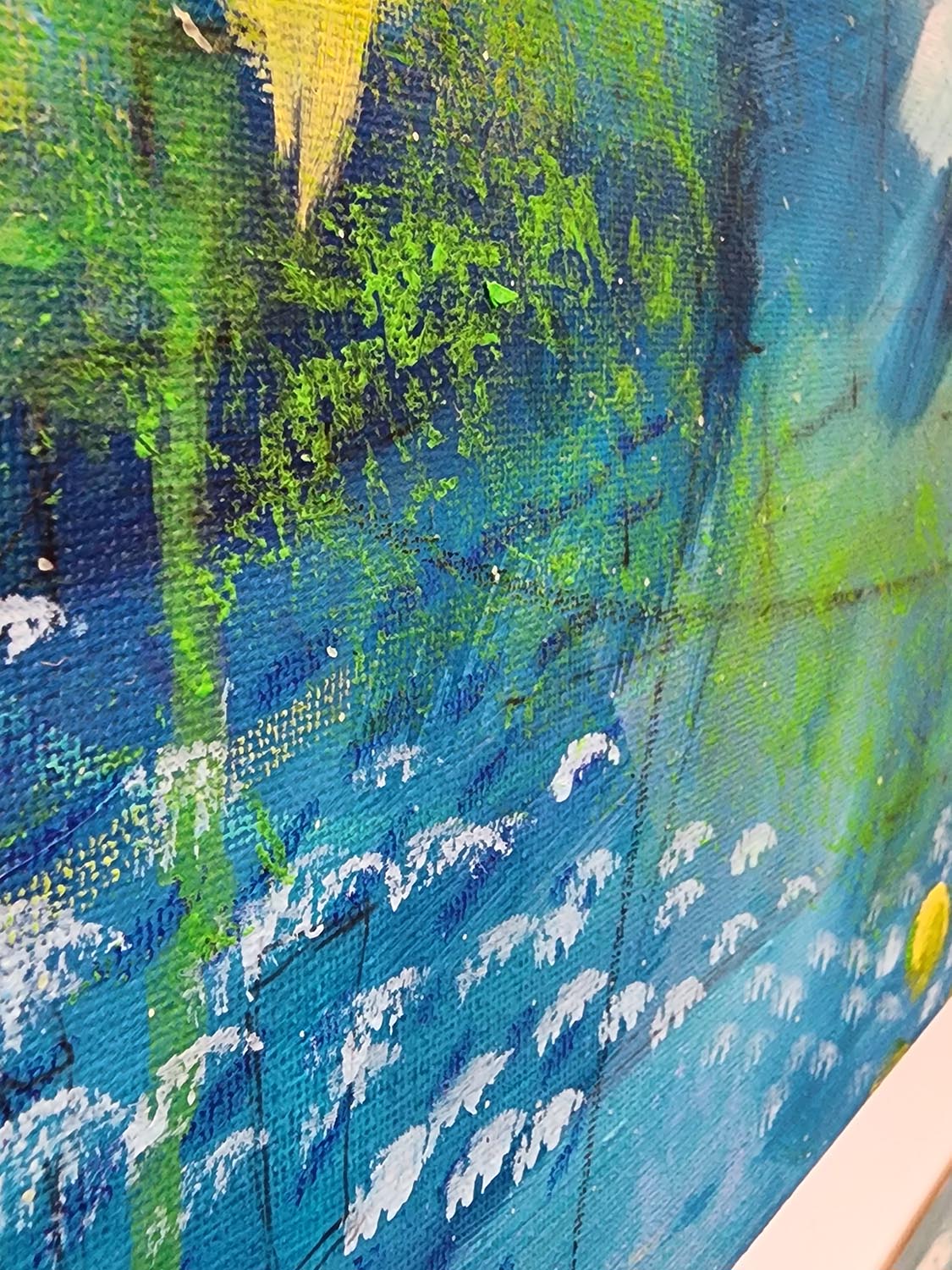 details close-up of blue abstract painting by Amber Killinger, Spring Vibes, 16x20 inch original painting