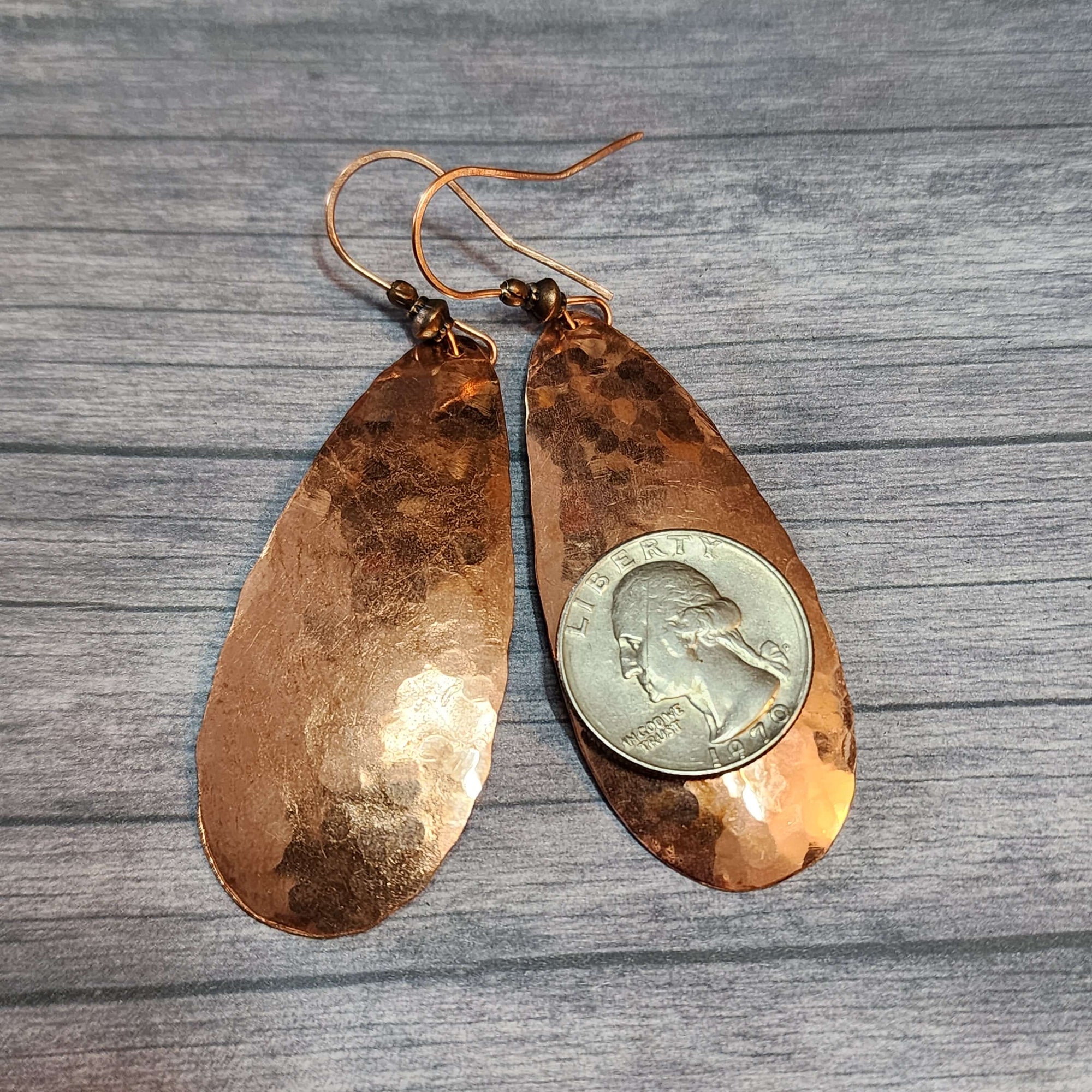 Large 3 Inch Hammered Copper Teardrop Earrings