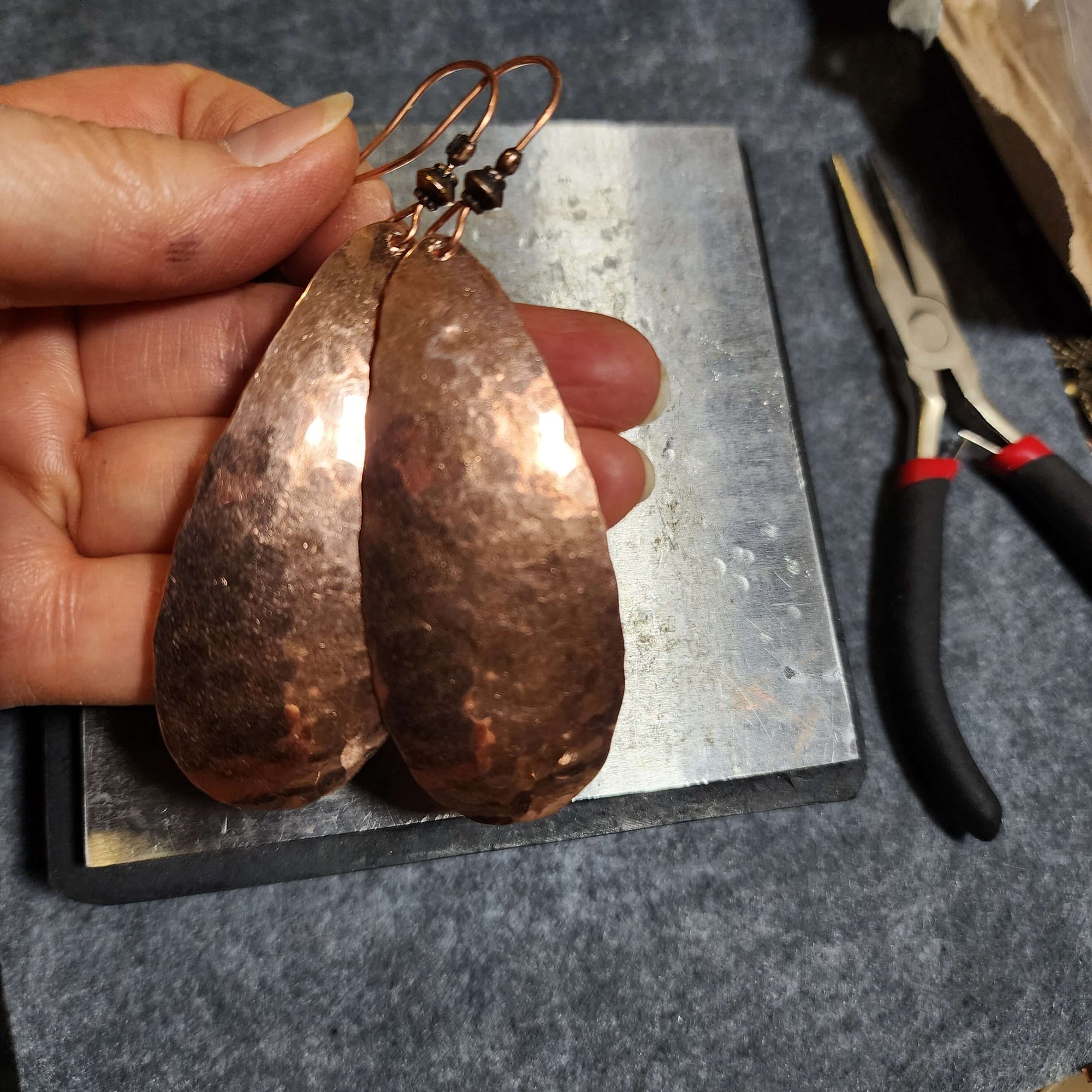 Large 3 Inch Hammered Copper Teardrop Earrings