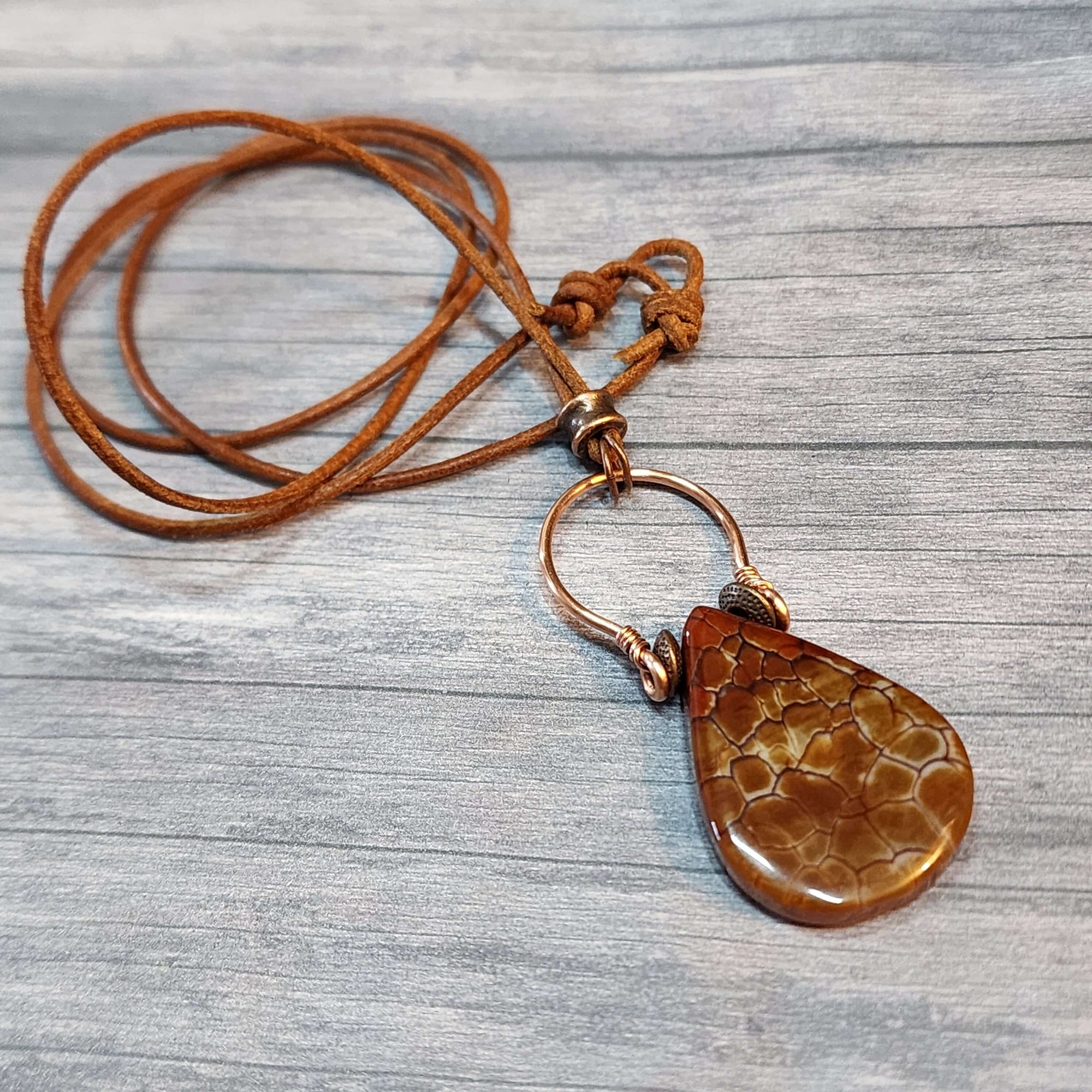 Mens Fire Agate Statement Necklace, Copper Wire Wrapped Pendant