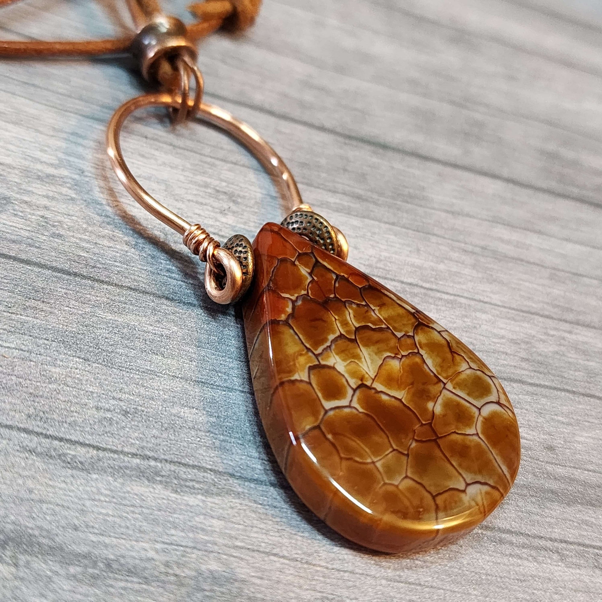 Mens Fire Agate Statement Necklace, Copper Wire Wrapped Pendant