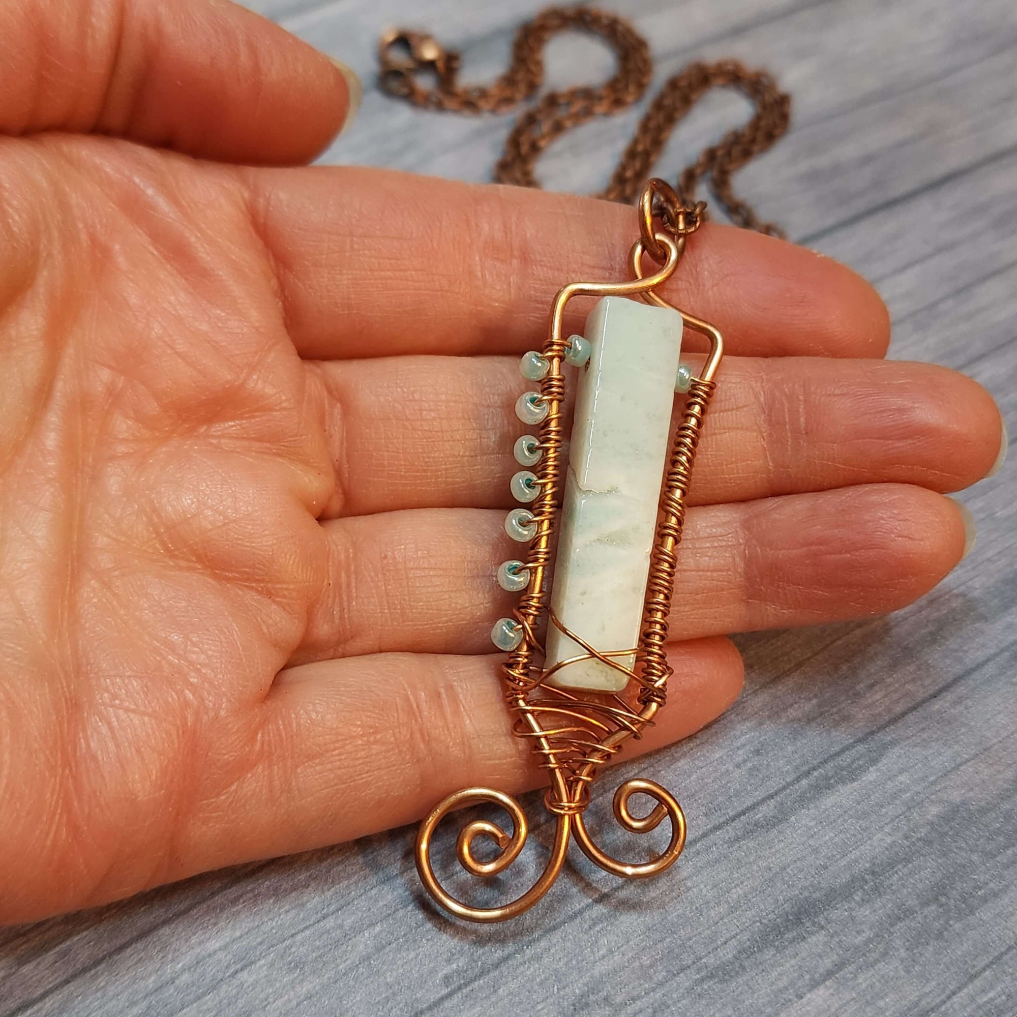 Handmade Amazonite Copper Wire Wrapped Pendant Necklace WW1237