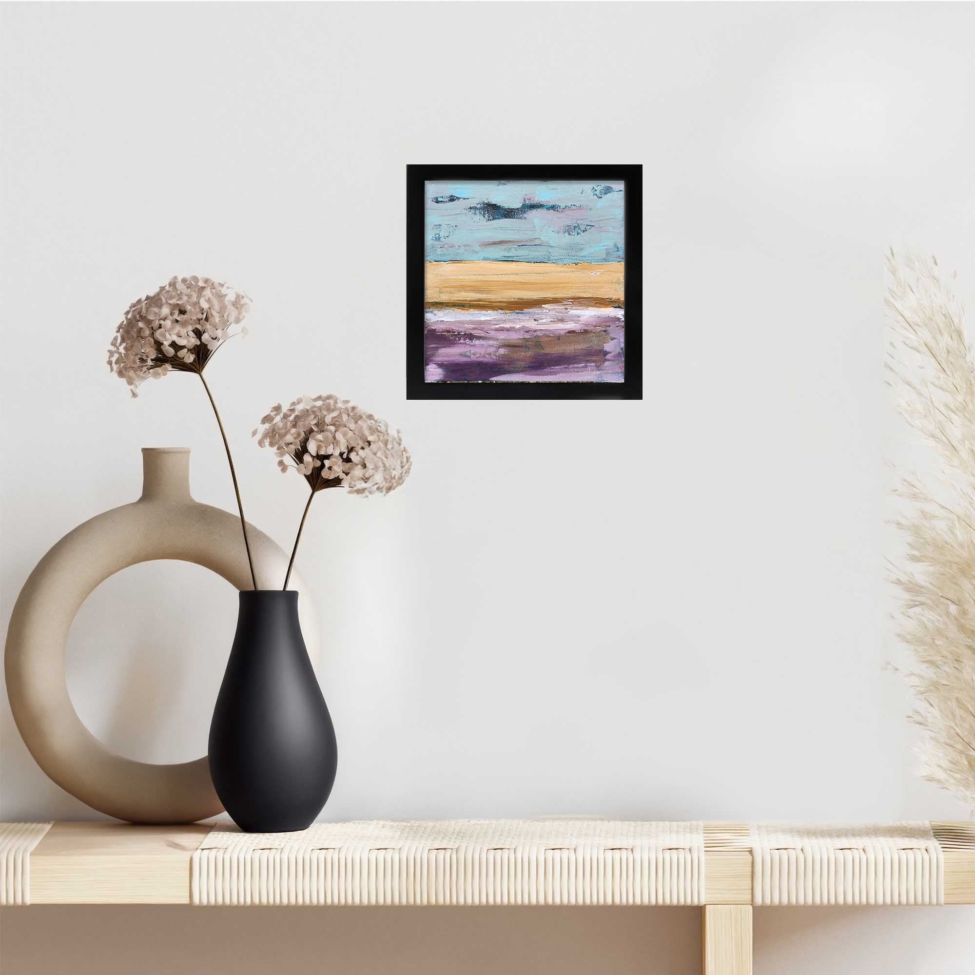 Abstract Landscape M1006, Minimalist Purple Original Painting 8x8 Framed Art