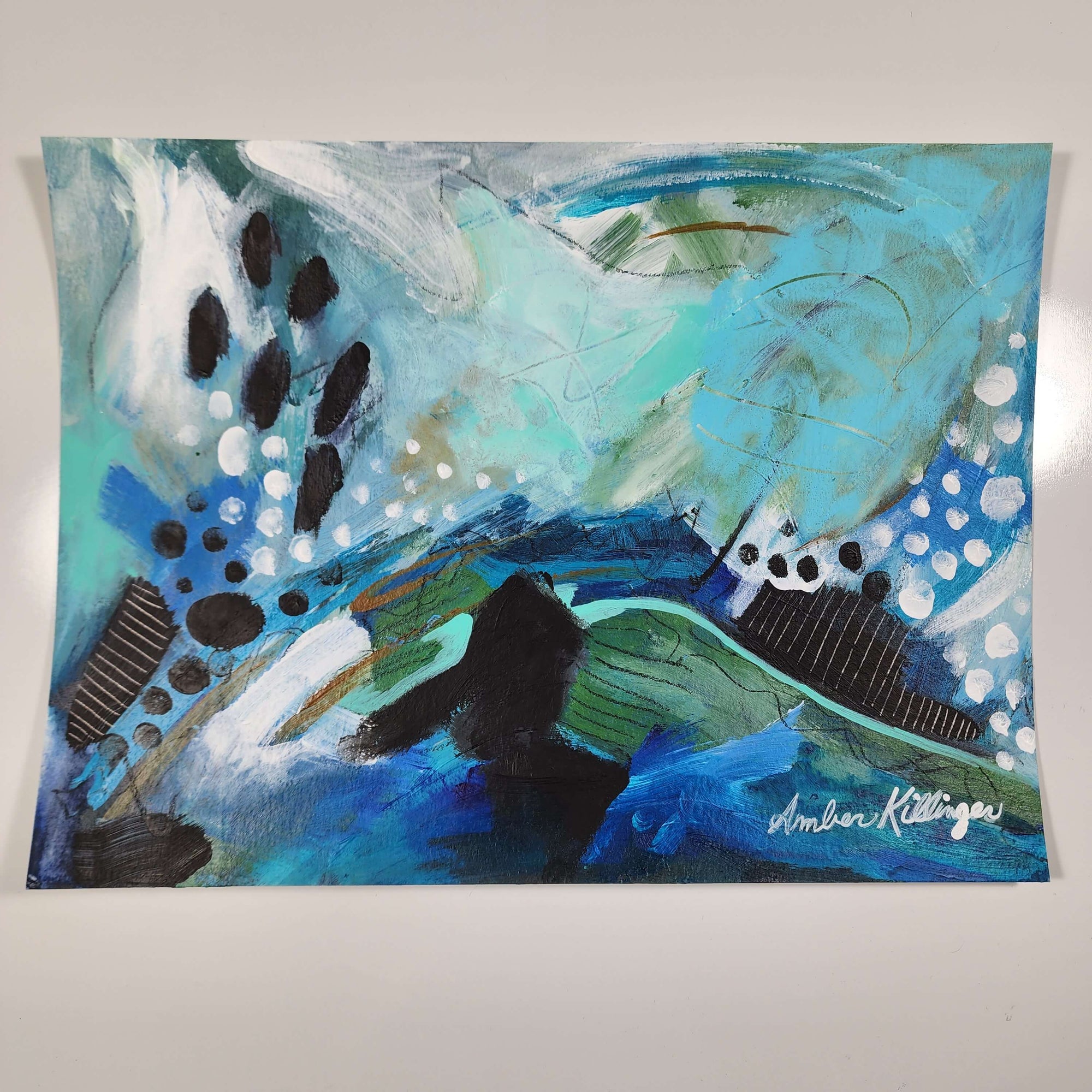 blue abstract painting, original art by Amber Killinger, painting on paper 9x12 inches