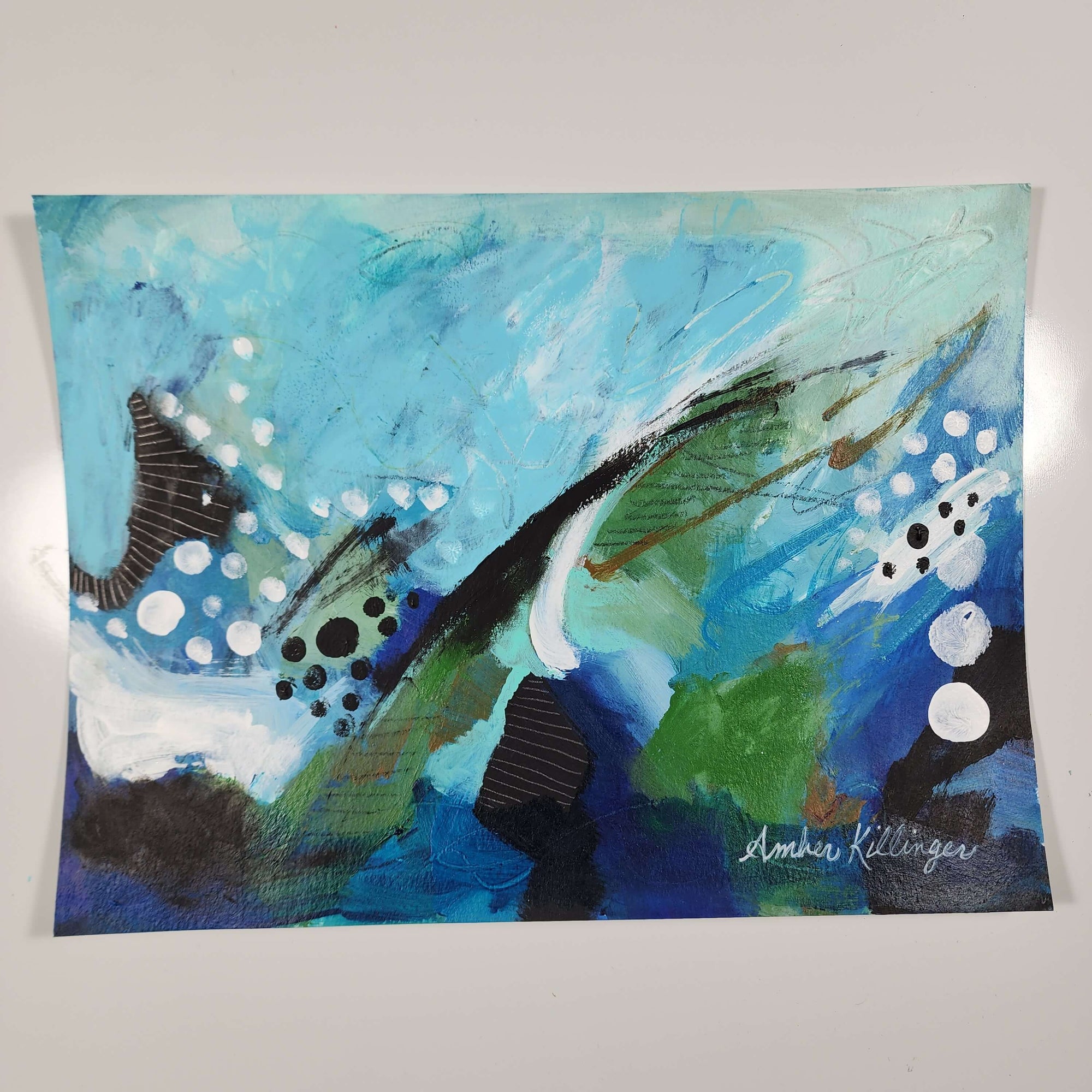 blue abstract painting, original art by Amber Killinger, painting on paper 9x12 inches