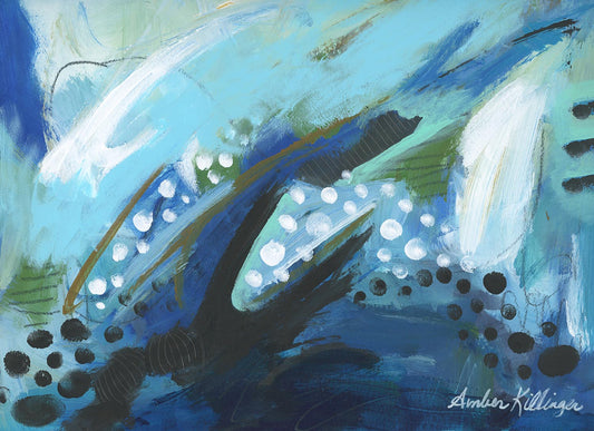 blue abstract painting, original art by Amber Killinger, painting on paper 9x12 inches