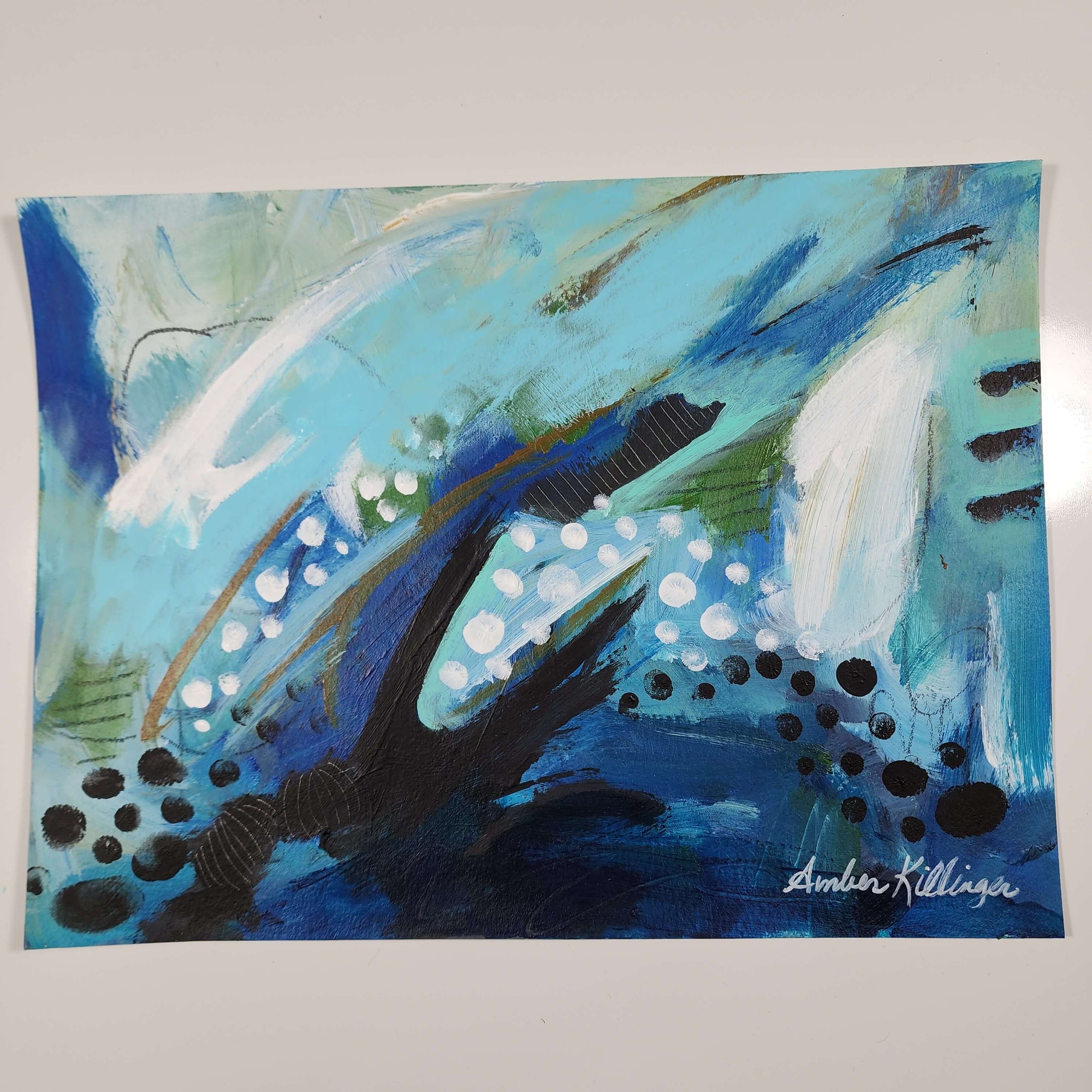 blue abstract painting, original art by Amber Killinger, painting on paper 9x12 inches