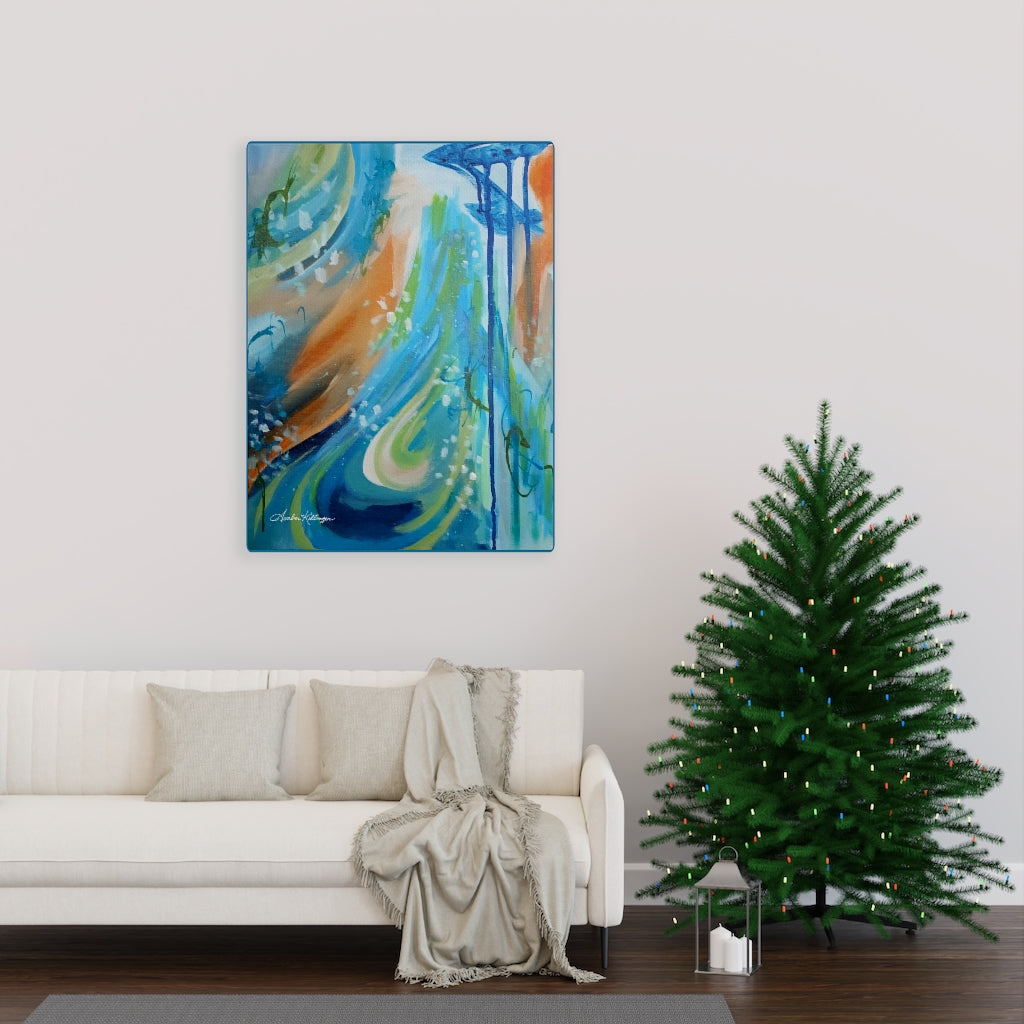 inspirational abstract art by Amber Killinger artist, blue green orange canvas wall art