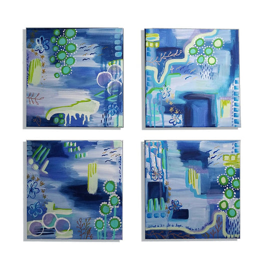Blue and green abstract painting modern art set of four 10x10