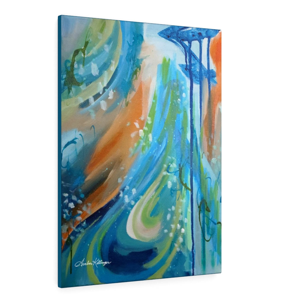 inspirational abstract art by Amber Killinger artist, blue green orange canvas wall art