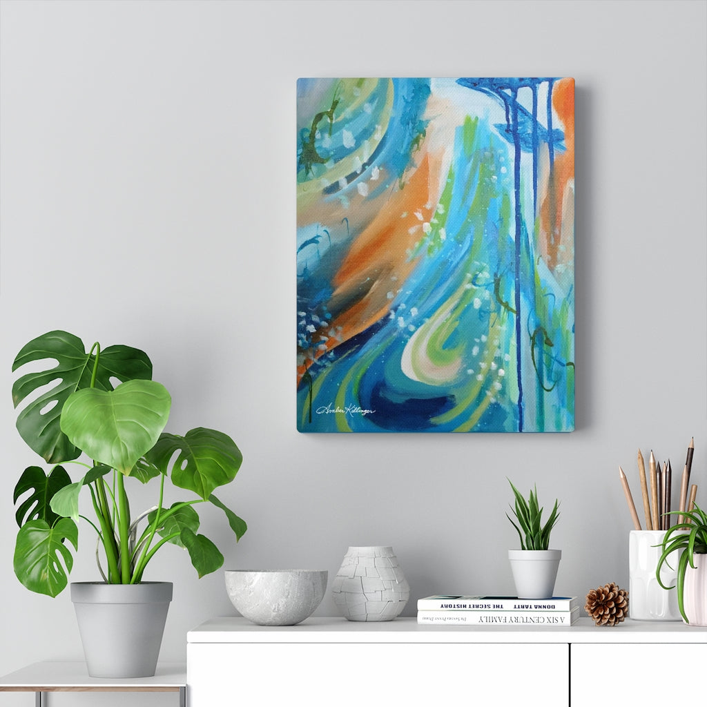 inspirational abstract art by Amber Killinger artist, blue green orange canvas wall art